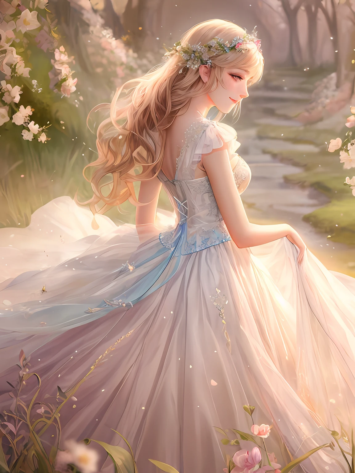 (masterpiece、8K、top-quality)、Smiled smile、A detailed face、Detailed blue eyes、Close up portrait of woman in foam dress, ethereal fairy tale, beautiful fantasy art, dreamy and detailed, very magical and dreamy, fantasy beautiful, fairytale artwork, very beautiful fantasy art, Fairytale style, ethereal beauty, Beautiful princess, beautiful detailed fantasy, beautiful digital works of art, fantasy fairytale story, wlop |, ethereal fantasy, Ethereal!!!!!!!, Ethereal!!!