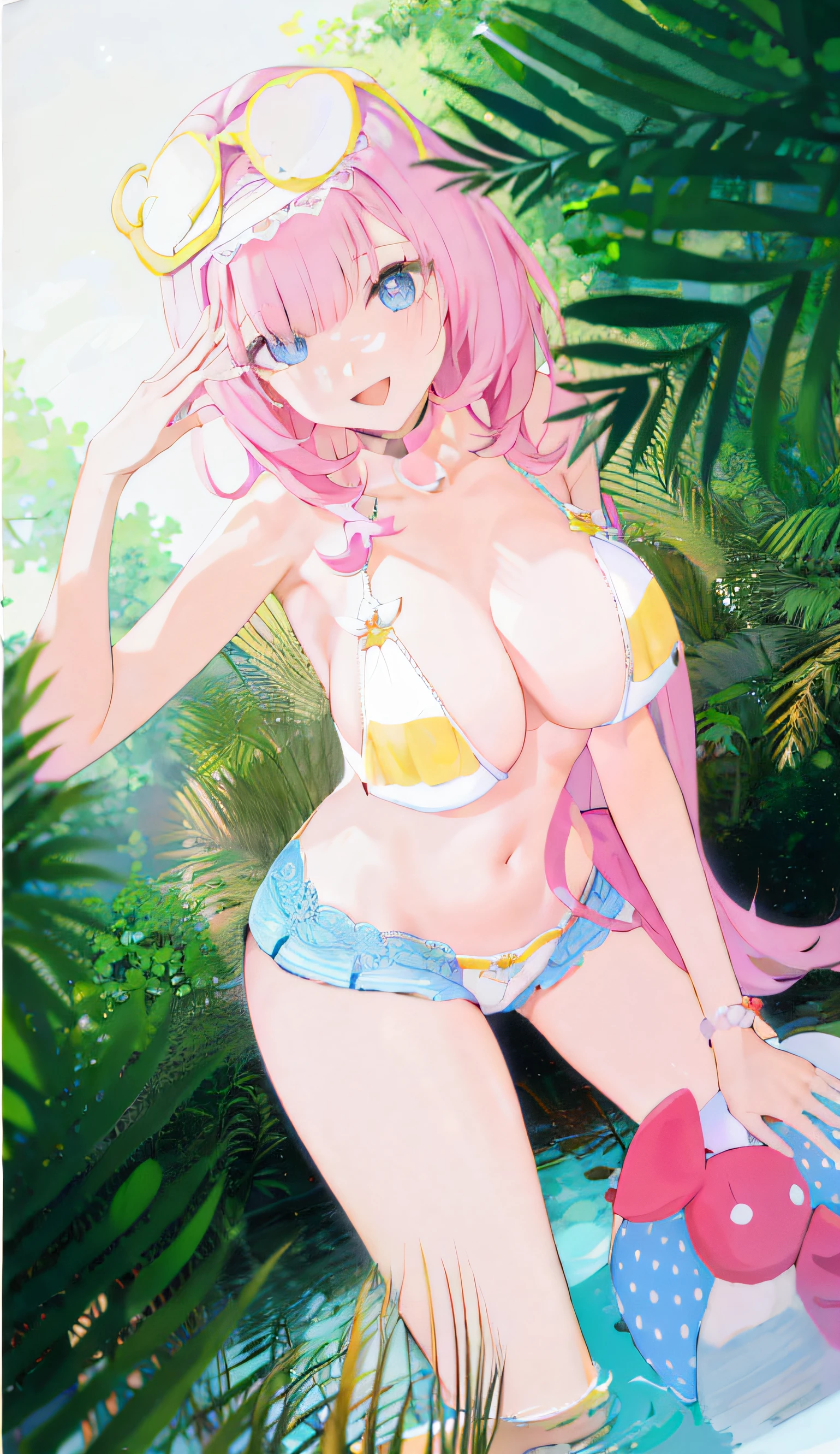 (estilo de pintura realista:0.9), master part, best quality, absurdos, Elysia (Miss Onzeo cor-de-rosa) (Impacto Honkai), Elysia (Impacto Honkai), Onze, orelhas pontudas, 1girl, seios, clivagem, cabelo rosa, sozinho, ornamento de cabelo, sorrir, olhos azuis, cabelos longos, Olhando para o Viewer, boca aberta, franja, :d, heaven, estrela (heaven), seios grandes