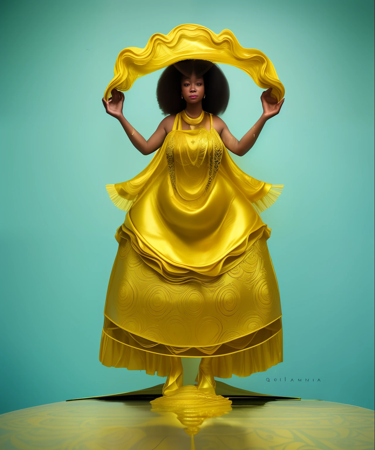 an intricate photo of a woman in a golden dress, in the style of aquamarine and amber, afro-colombian themes, ceramicist storyteller, fanciful costume design, david aja, stevan dohanos, dynamic balance, realismo, vestido dourado