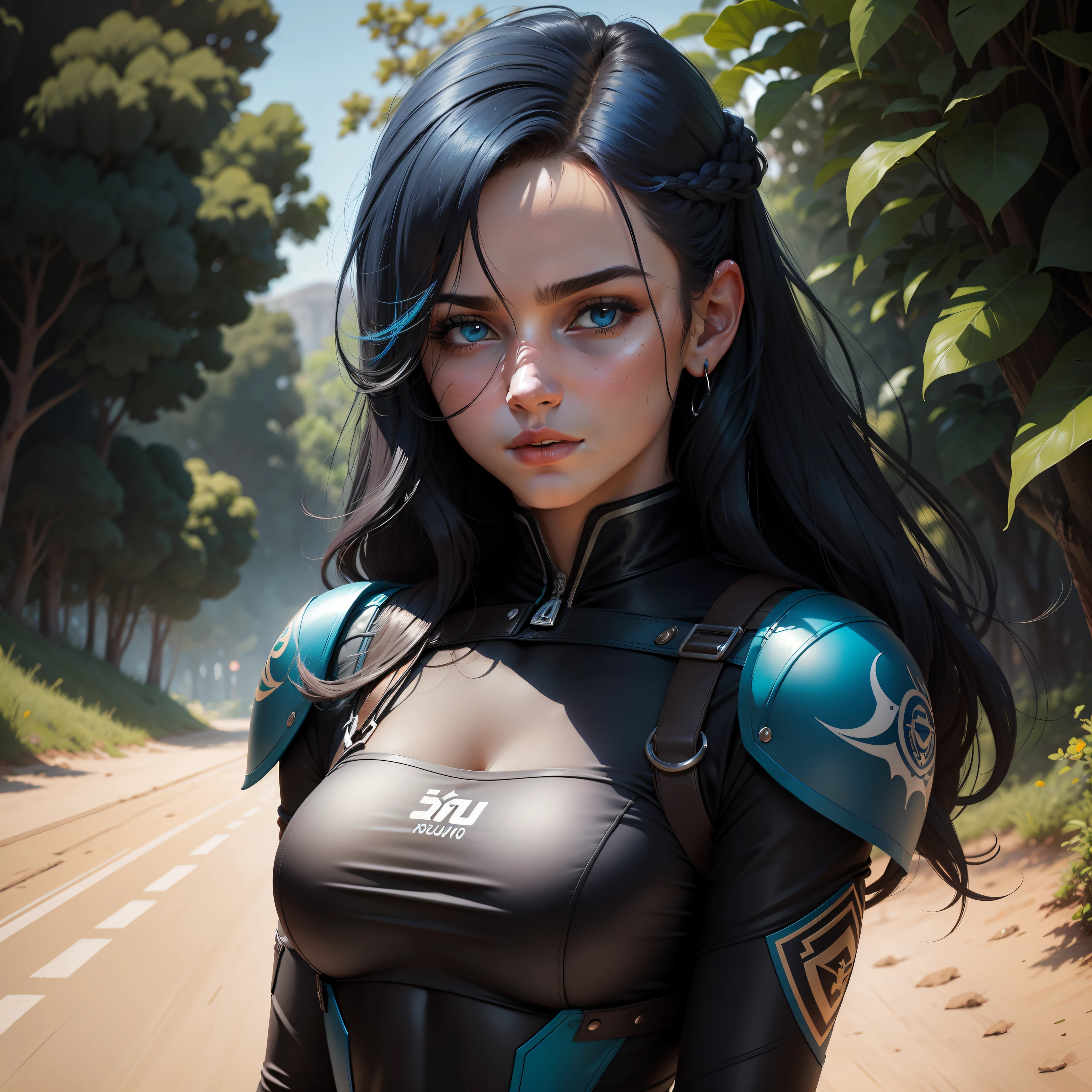 Uma mulher brava, rosto bravo, cabelo longo, cabelo preto, com roupa azul, parada no meio de um campo de gira sol. The illustration is a high definition illustration in 4K resolution with highly detailed facial features and cartoon style visuals.