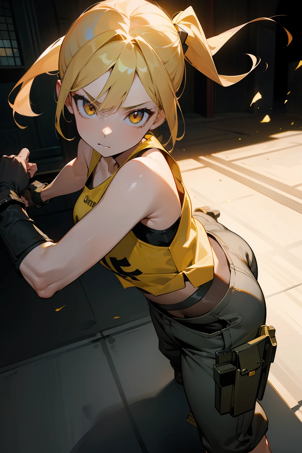 1girl in, (Golden eyes)、radiant eyes、 a blond、poneyTail、 aiming at viewer、pistols、Holding a handgun、Chewed tobacco、Dynamic Action Poses for Battle Scenes,masterpiece, detailed shadow, Detailed light, ighly detailed, top-quality, hard disk, in 8K, hightquality、Clear face、(Fighting stance、)、beautiful digital works of art、(The background is a classic city street)、Tank tops、half-pants