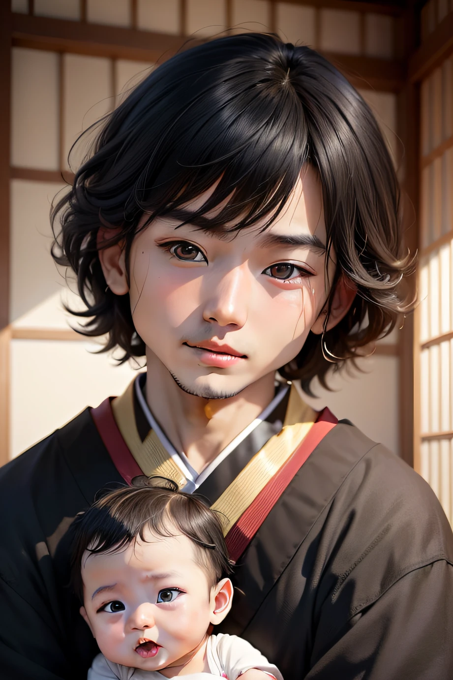 japanes、male people、realistic、baby、3 months old、male child、Eyes are cut long、Small mouth、Clear facial features、Clean face、The mouth is a single letter、The hair is standing and voluminous、Do not include elements other than Japan people