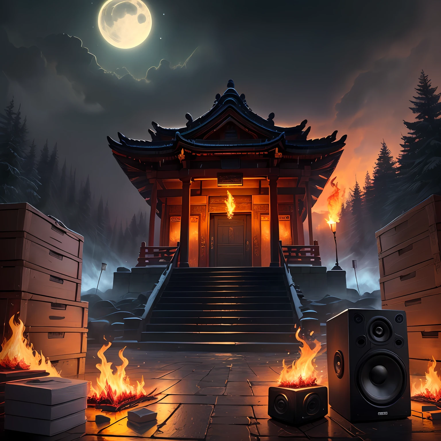 A temple at night with fire a speaker in front of the temple a notebook between the boxes money on the floor a hellish weather letter x Y J F