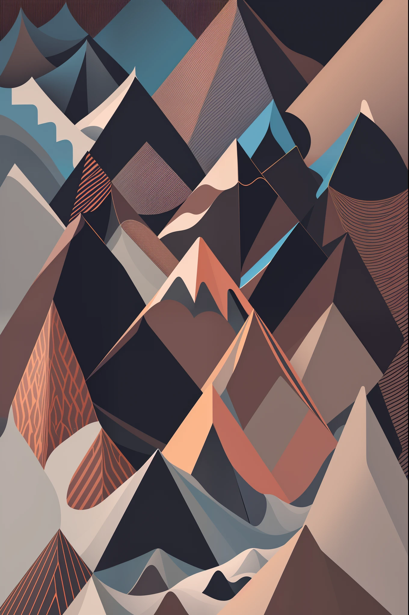 An abstract poster with a mountain element design,High hills,triangles,square shapes,Duplicate elements,There are abstract dotted lines,Polygon element,The color of the gradient,vibrant hues,vectorial,Graphic design style,Visual effects of explosions