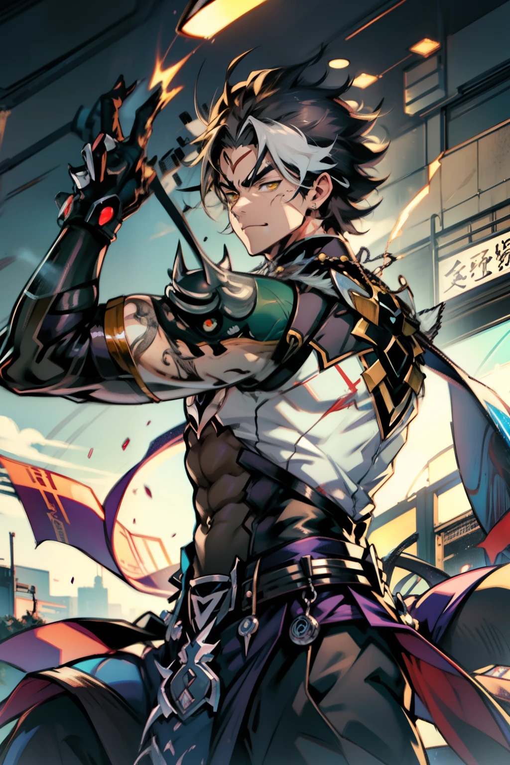 《the original god》Arataki Kazuto , male people,,((Masterpiece)), ((Best quality)), Ultra detailed,((illustration)), Dynamic Angle, Detailed light, (Delicate eyes), Floating, 1boy, Male focus, Head, Clothing, Yellow eyes, necklace, tattoo, (Forehead:0.8), (ahoge:0.8), jewelry, apathy,Ray, chest muscle, Sexy , Venom symbiote for your body, Black mucus of the body , (into venom), Venom,frontage,style of anime4 K, 4K anime wallpaper, Badass anime 8 K, 4 k comic wallpaper, young anime man, Anime boys, Anime wallpapers 4 k, Anime wallpaper 4K, High quality anime art style, Anime moe art style, Anime art wallpaper 8 K, Anime art wallpaper 4 K, RGB lighting