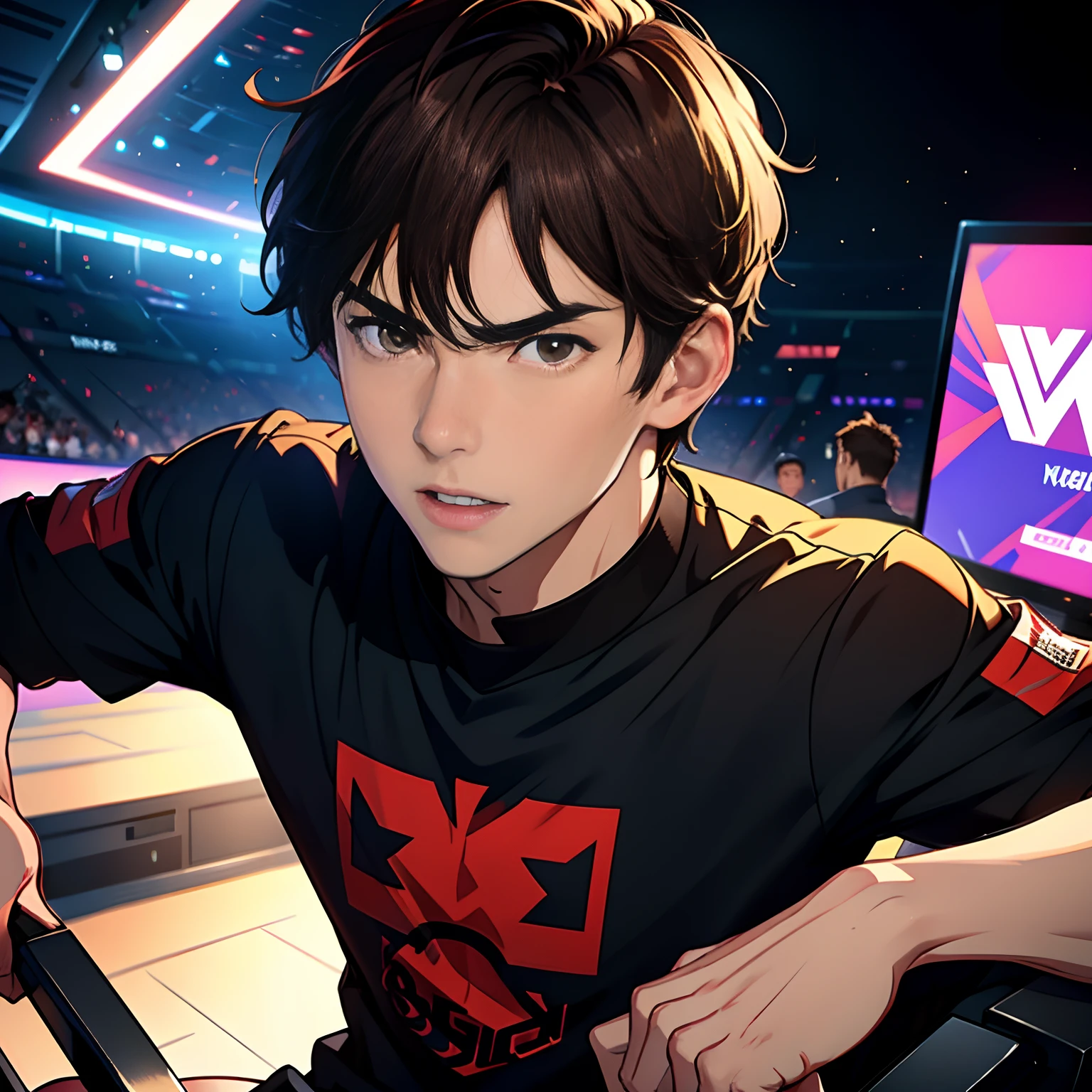 A handsome man with a clear face,A young man with short brown hair,esports players,An angry expression appeared on his face