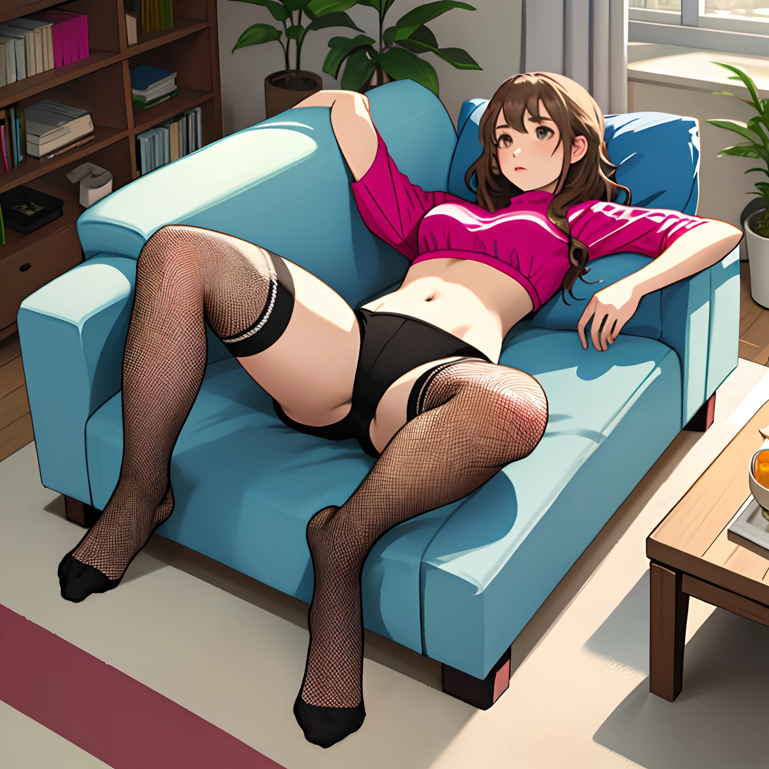 Girl lying on sofa wearing OL
Wear fishnet socks