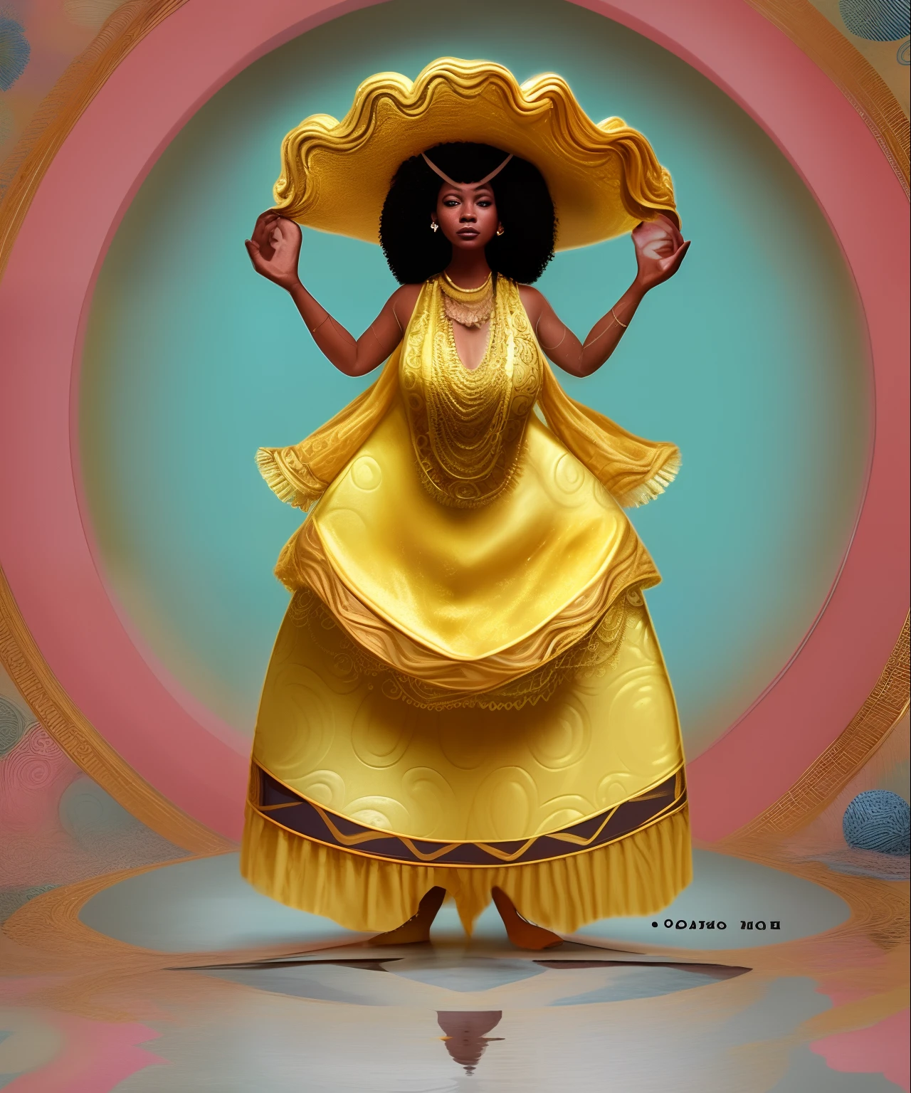 an intricate illustration of a woman in a golden dress, in the style of aquamarine and amber, afro-colombian themes, ceramicist storyteller, fanciful costume design, david aja, stevan dohanos, dynamic balance