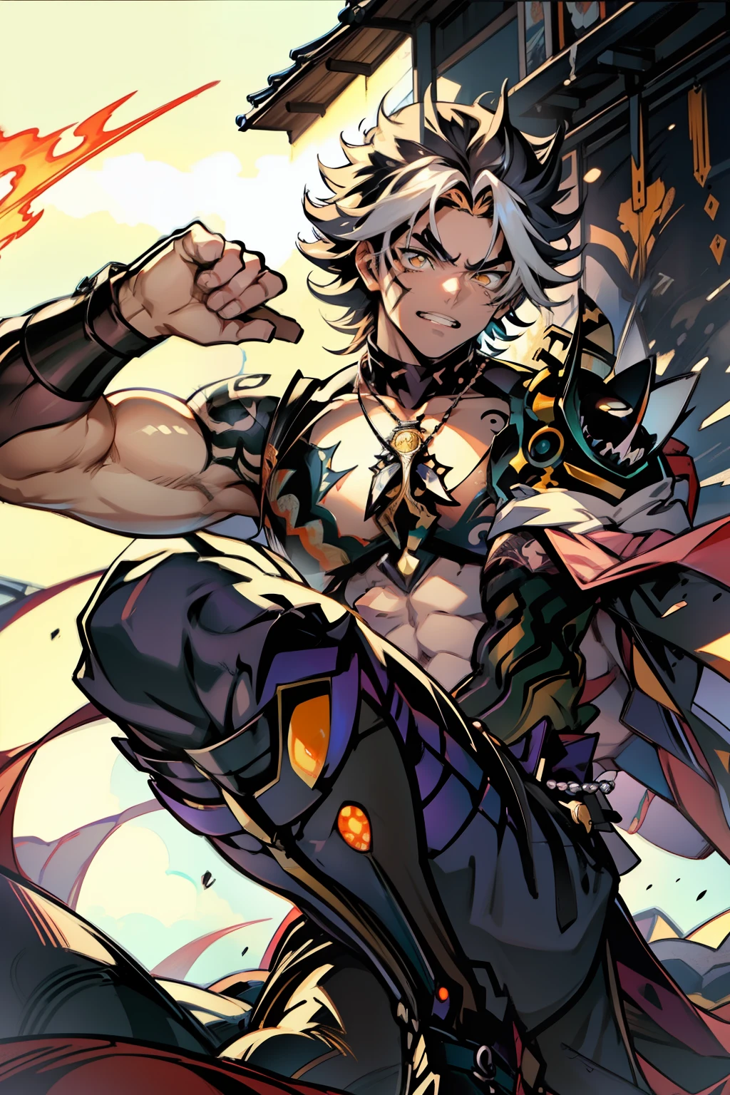 《the original god》Arataki Kazuto , male people,,((Masterpiece)), ((Best quality)), Ultra detailed,((illustration)), Dynamic Angle, Detailed light, (Delicate eyes), Floating, 1boy, Male focus, Head, Clothing, Yellow eyes, necklace, tattoo, (Forehead:0.8), (ahoge:0.8), jewelry, apathy,Ray, chest muscle, Sexy , Venom symbiote for your body, Black mucus of the body , (into venom), Venom,frontage,style of anime4 K, 4K anime wallpaper, Badass anime 8 K, 4 k comic wallpaper, young anime man, Anime boys, Anime wallpapers 4 k, Anime wallpaper 4K, High quality anime art style, Anime moe art style, Anime art wallpaper 8 K, Anime art wallpaper 4 K, RGB lighting