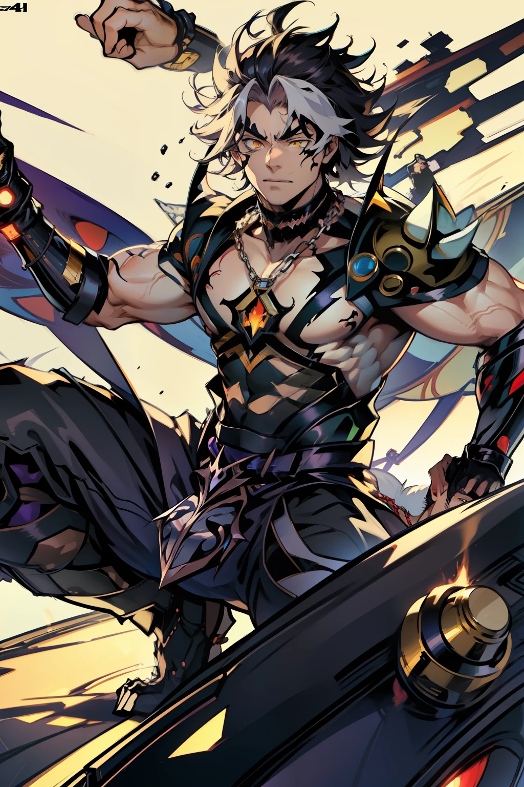《the original god》Arataki Kazuto , male people,,((Masterpiece)), ((Best quality)), Ultra detailed,((illustration)), Dynamic Angle, Detailed light, (Delicate eyes), Floating, 1boy, Male focus, Head, Clothing, Yellow eyes, necklace, tattoo, (Forehead:0.8), (ahoge:0.8), jewelry, apathy,Ray, chest muscle, Sexy , Venom symbiote for your body, Black mucus of the body , (into venom), Venom,frontage,style of anime4 K, 4K anime wallpaper, Badass anime 8 K, 4 k comic wallpaper, young anime man, Anime boys, Anime wallpapers 4 k, Anime wallpaper 4K, High quality anime art style, Anime moe art style, Anime art wallpaper 8 K, Anime art wallpaper 4 K, RGB lighting