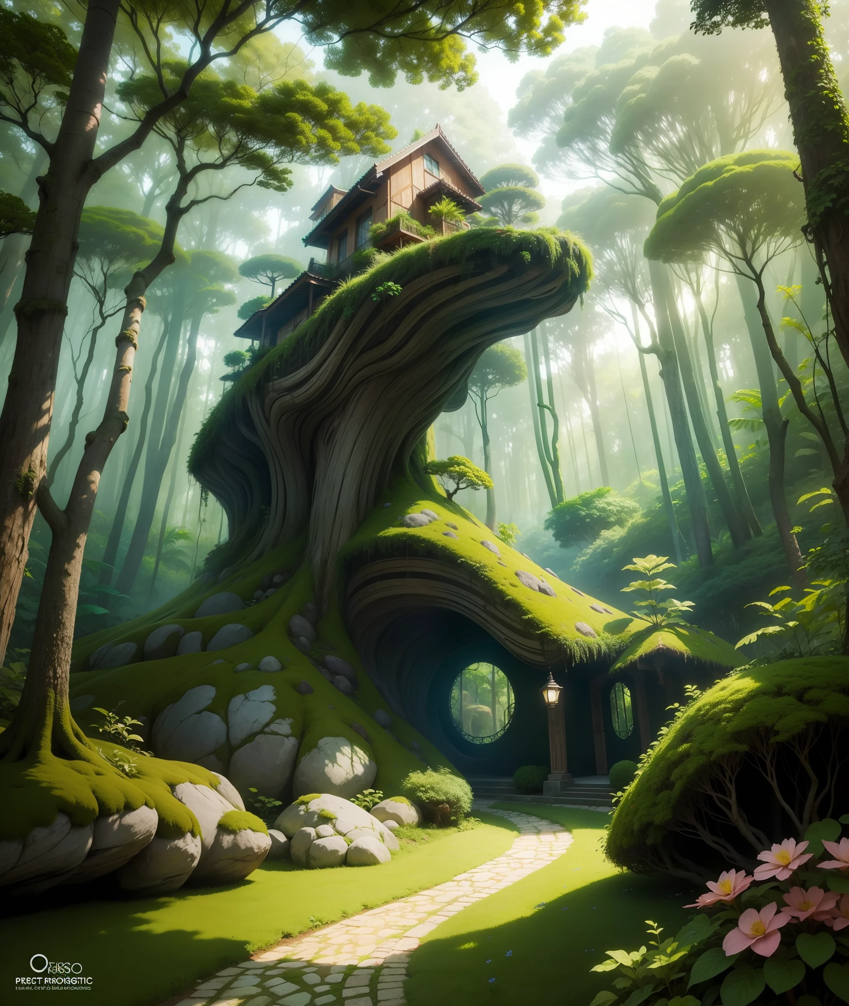 Floresta encantada com muito verde, casas futuristas, magical gardens, pedras preciosas, ouro, ciborgues, hiper realista, super realista, HD.
