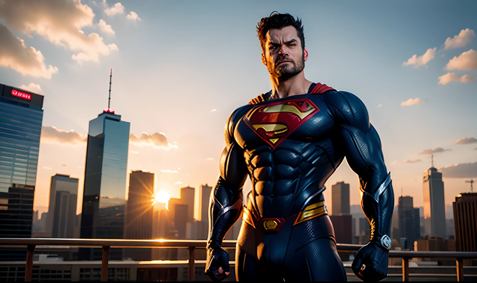 Bold body extensions, 03CEA4 color palette in the city at a dramatic sunset, retrato, Anime - arte pixar de um Superman com rosto e cabelo do wolverine logam