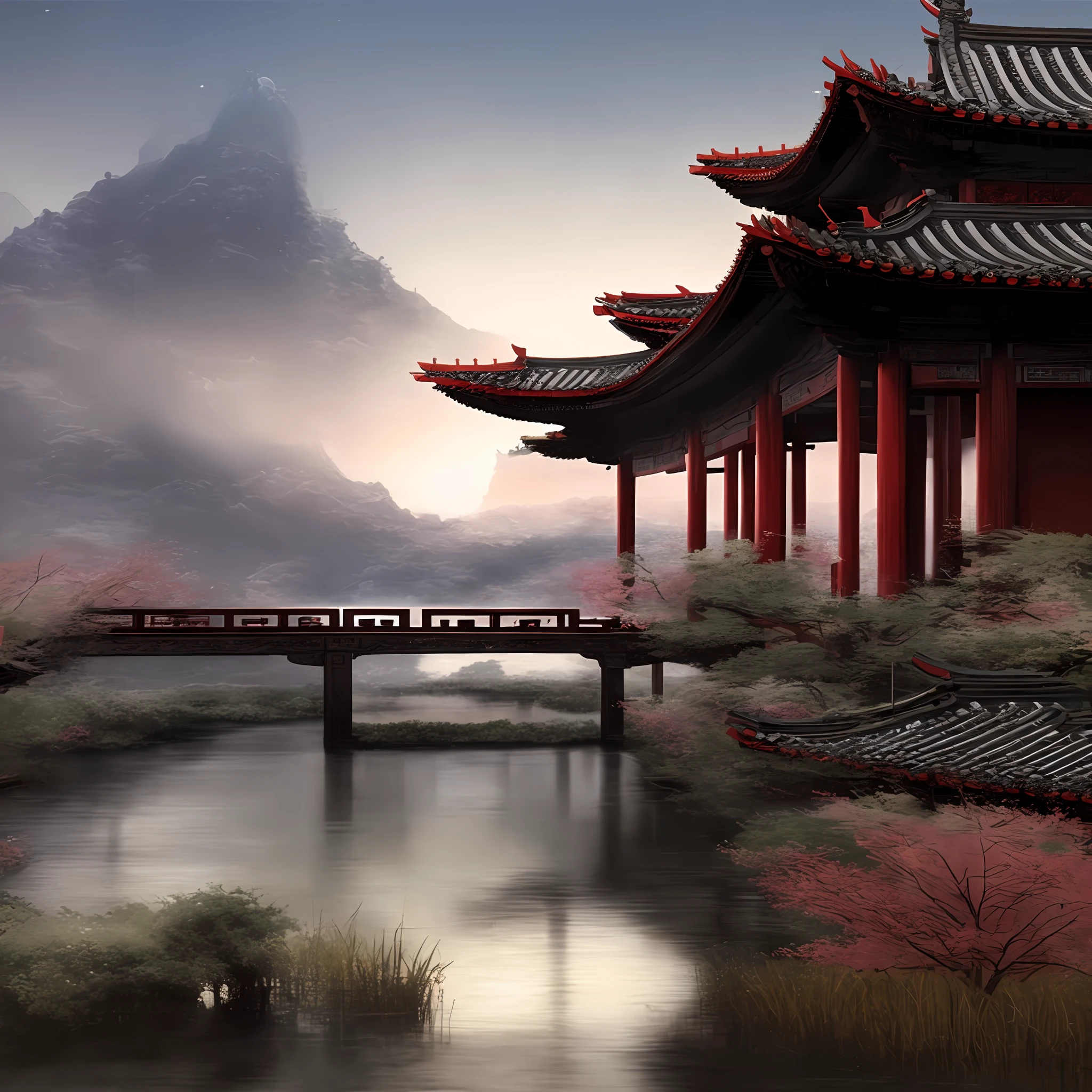 there is a painting of a bridge over a river in a chinese setting, beautiful render of tang dynasty, chinese landscape, japonisme 3 d 8 k ultra detailed, dreamy chinese town, digital painting of a pagoda, oriental wallpaper, chinese style, extravagant matte painting, beautiful render of a landscape, cyberpunk japanese temple, cyberpunk chinese ancient castle, digital matte painting