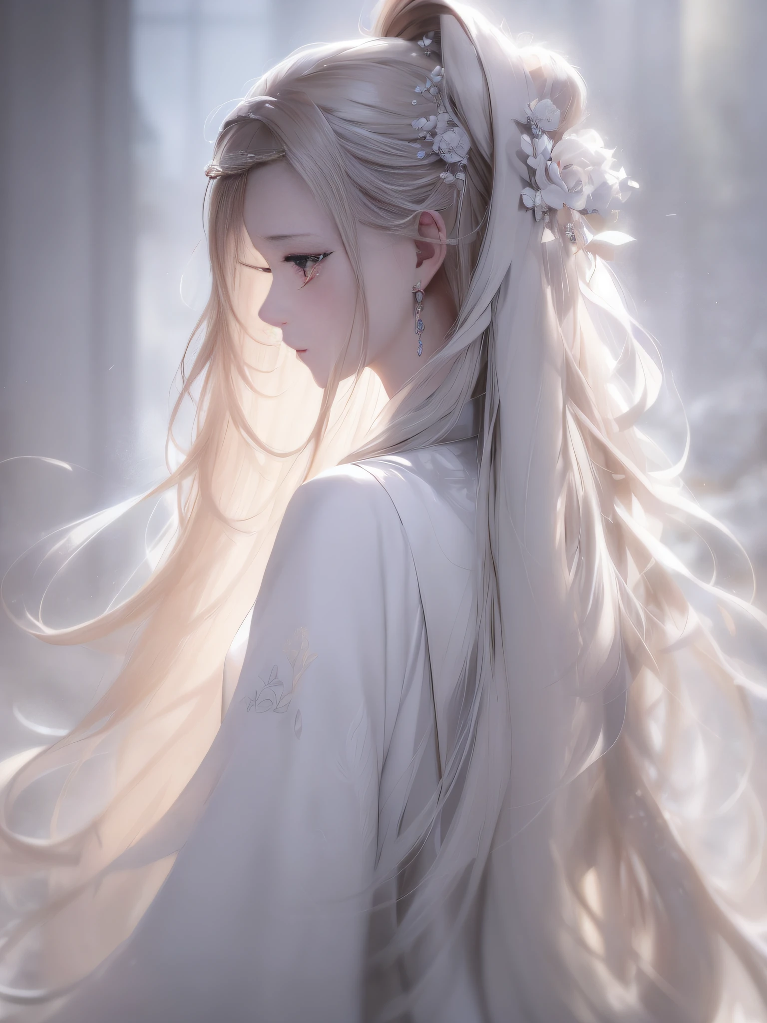 Woman with blonde hair，long whitr hair，There is a flower on the hair, Guviz-style artwork, Guviz, Guweiz on ArtStation Pixiv, Fanart Meilleure ArtStation, Guweiz in Pixiv ArtStation, Ross Tran 8 K, Palace ， A girl in Hanfu, Anime girl with long hair, guweiz masterpiece