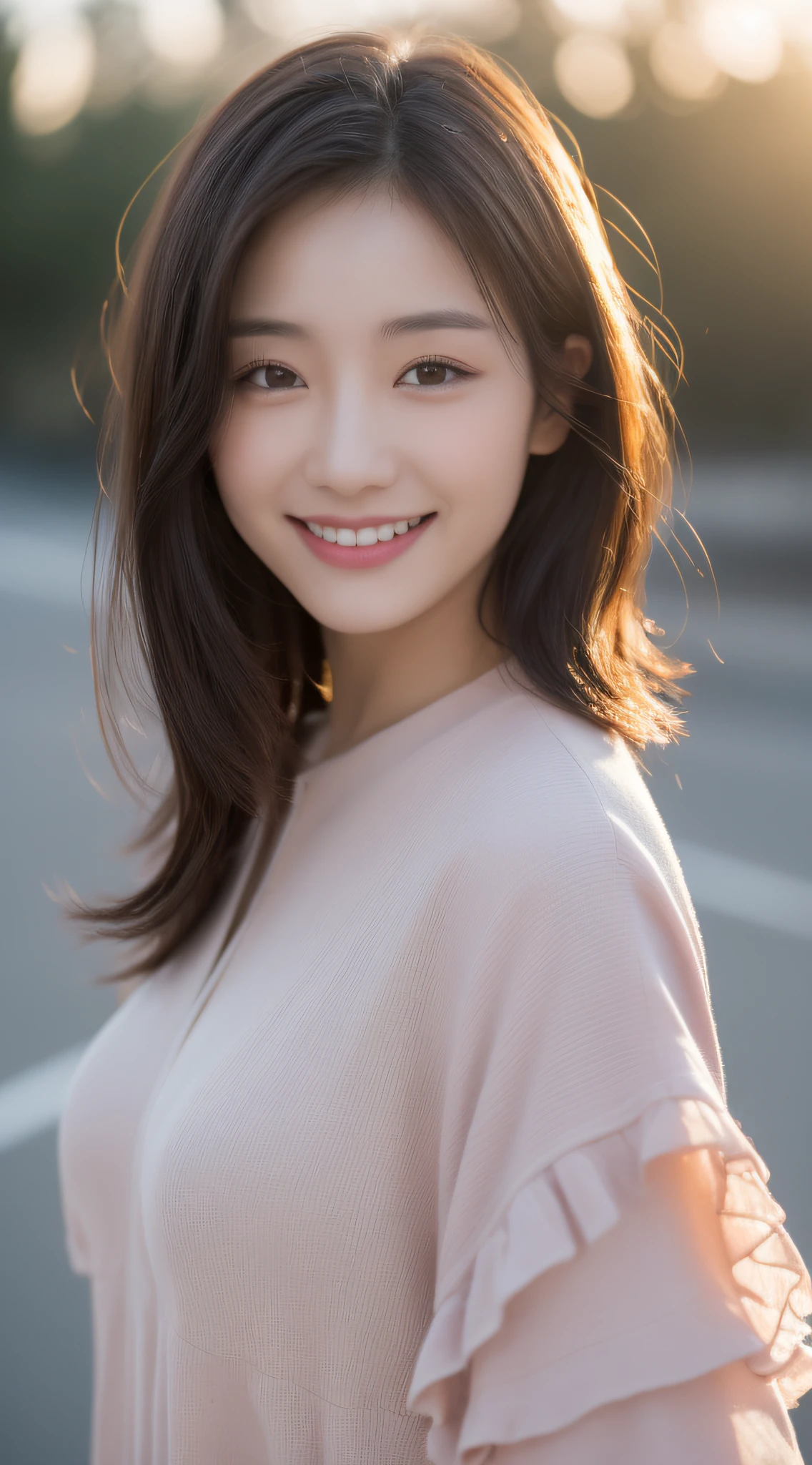 ((Top Quality, 8K, Masterpiece: 1.3)), Focus: 1.2, Perfect Body Beauty: 1.4, Ass: 1.2, ((Layered Haircut, Breasts: 1.2)), (Wet Clothes: 1.1), (Sunset, Street: 1.3), Bando Dress: 1.1, Highly Detailed Face and Skin Texture, Narrow Eyes, Double Eyelids, Whitening Skin, Long Hair, (Shut Up: 1.3), Smile