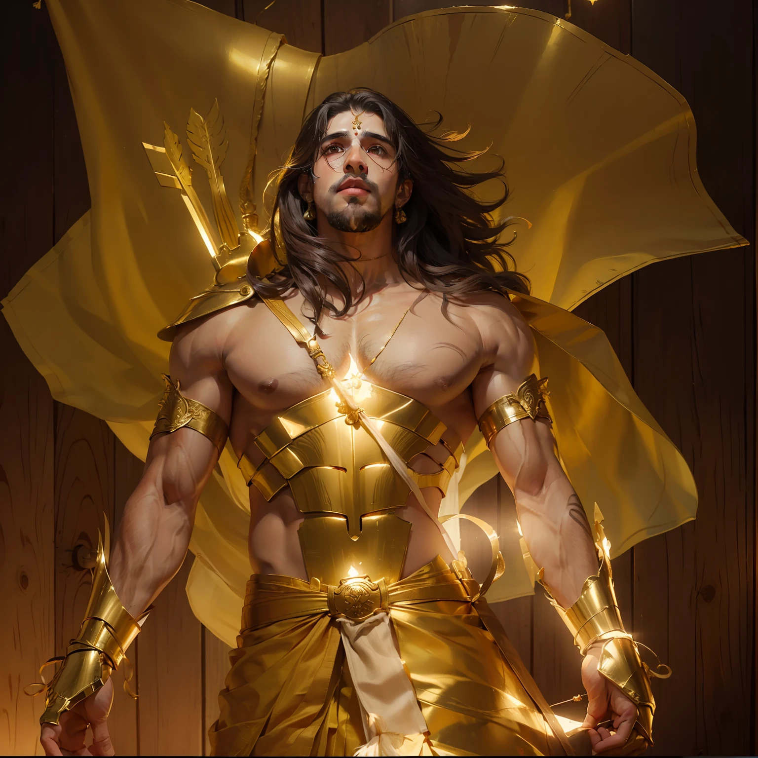 Sidharth Malhotra as (traditional) warrior hold a ((gold or wooden)) bow and arrows, (heavy bow), wearing a perfect fit armor, golden glass armor, ((luminous armor and traditional (dhoti). Sidharth Malhotra face, full realistic Sidharth Malhotra.