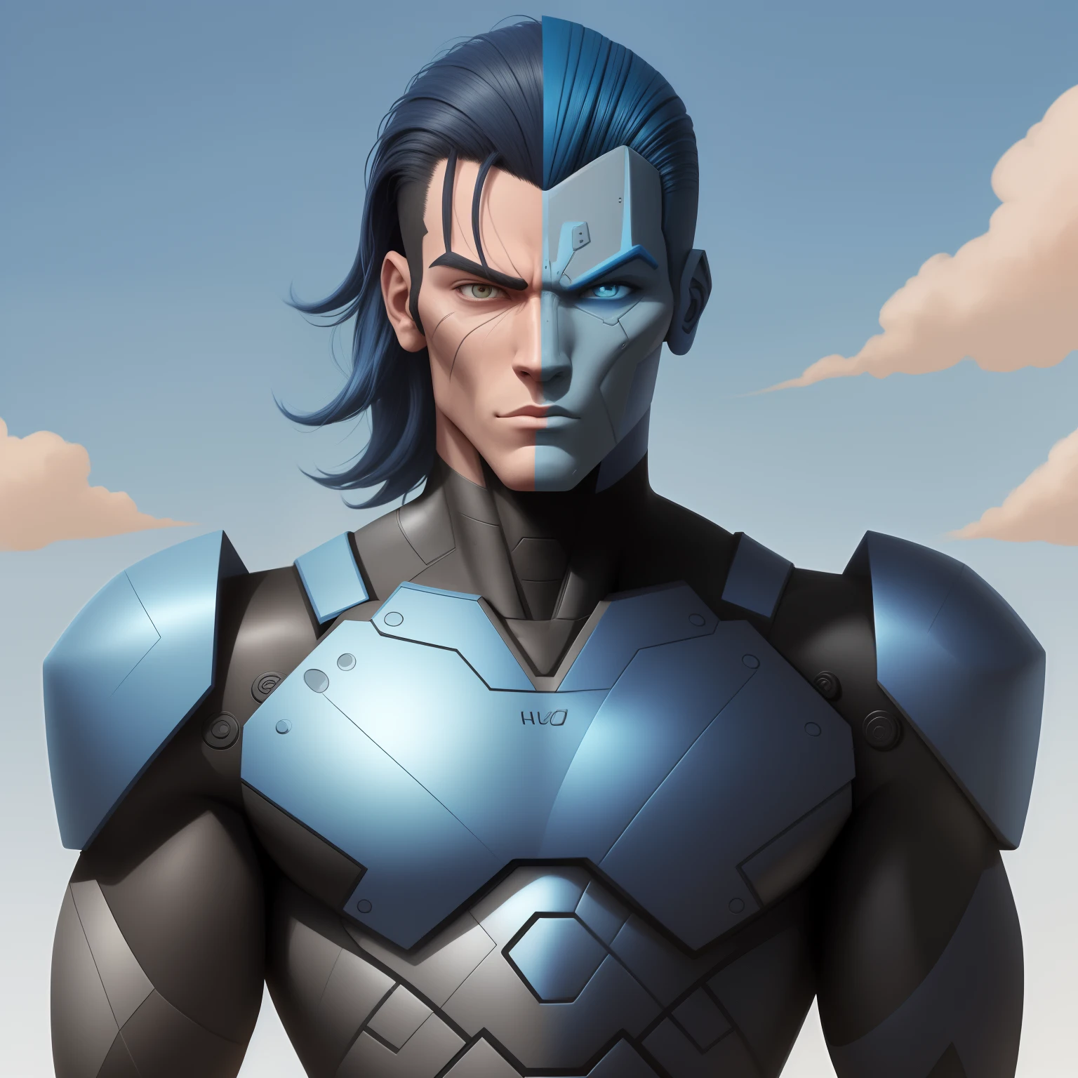 a half-human, half-robot man,corajoso, musculoso,com raiva, rosto corajoso, cabelo curto, cabelo preto, com roupa azul, parada no meio de um campo de gira sol. The illustration is a high definition illustration in 4K resolution with highly detailed facial features and cartoon style visuals.