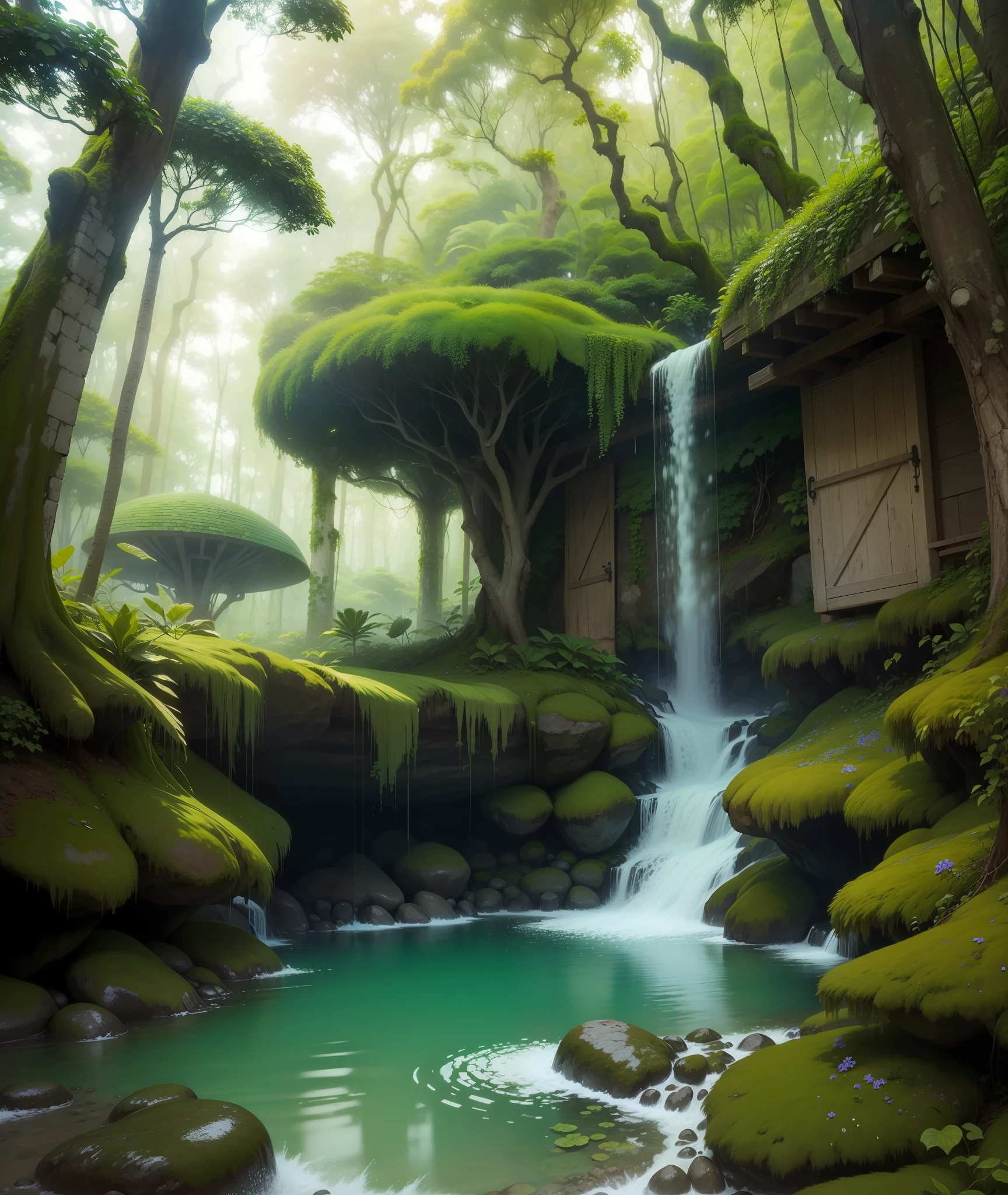Floresta encantada com muito verde, casas futuristas, magical gardens, pedras preciosas, ouro, ciborgues, hiper realista, super realista, HD.