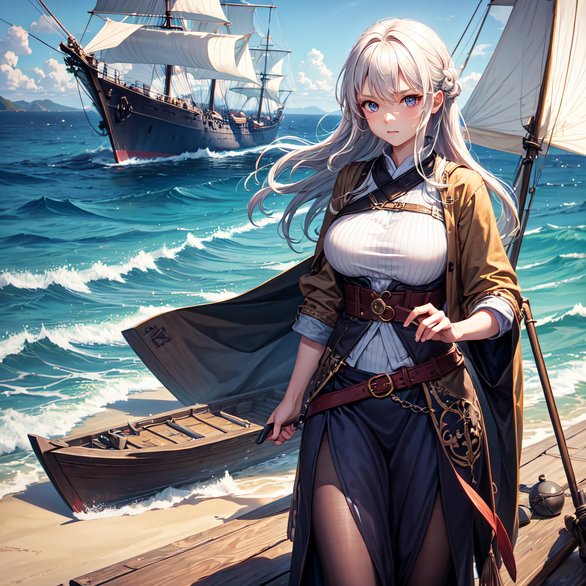 a 1girl, 独奏, Viking Girl, Scandinavian clothing, tense face, Simple background, The sea, sails on a large Scandinavian ship, higly detailed, ultra quality