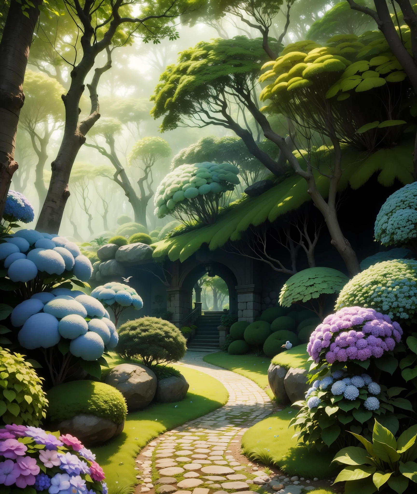 Floresta encantada com muito verde, magical gardens, pedras preciosas, ouro, birds, borboletas coloridas, Hydrangeas , hiper realista, super realista, HD, 8K.