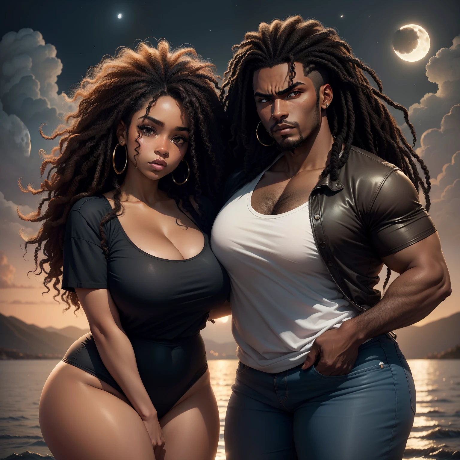 couple, moon, angry, eye brown, curvy, black skin, curly hair