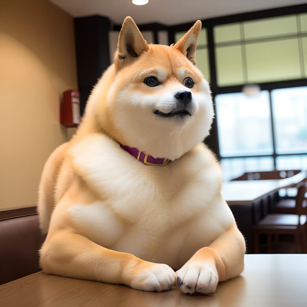 a professional photo of [(((buff Swoledoge))):buff Swoledoge:8], grinning, dog body, eating a large burger in a restaurant, cinematic dramatic light, smooth transition, bokeh