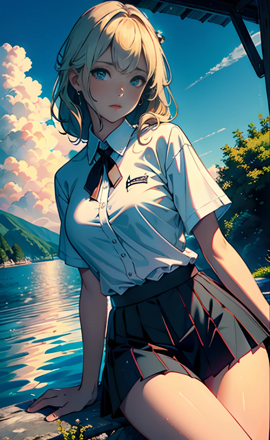 1个Giant Breast Girl,Calm expression,mesmerizing eyes,Straight hair,JK erotic school uniform,JK,pleatedskirt,tiese,A calm posture,Porcelain-like skin,Subtle blush, BREAK prime time,(edge lit):1.2,a warm color palette,sunflare,soft shade,vivd colour,painterly effect,Fantastic atmosphere BREAK scenic lake,Far Mountain,willowy,Calm water surface,Reflectors,Sunlit clouds,tranquil ambiance,Idyllic sunsets,ultra - detailed,offcial art,统一 8k 壁纸,zentangle,datura