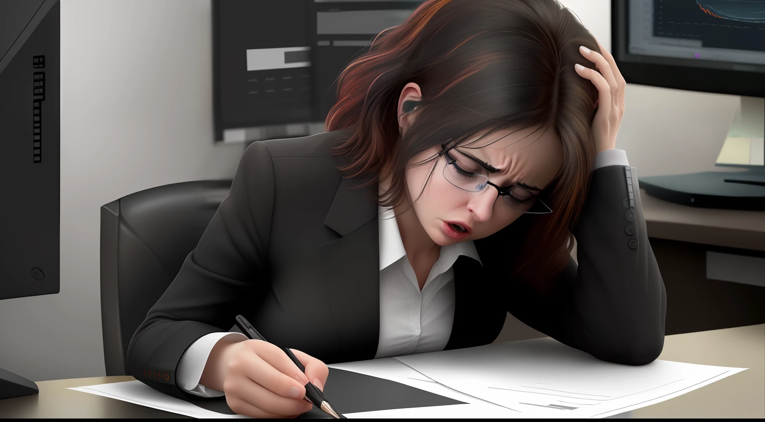 ultra realistic photo, billing, woman, office desk, computer, frustrated, underbilling with an abstract dark background with front color of #0643f2 --ar 4:7 --s 75