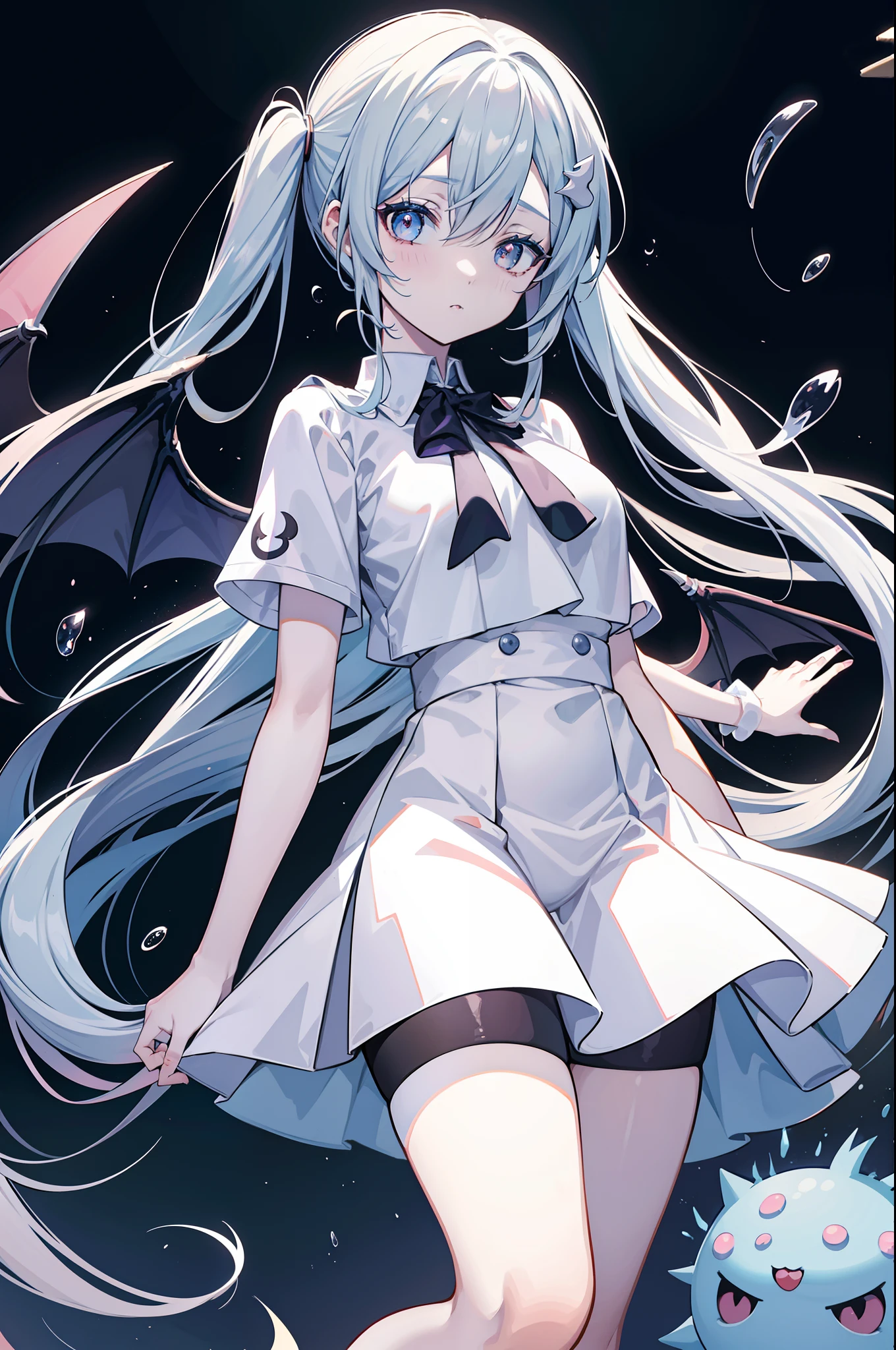 Chica anime con cuernos y una falda y una camisa blanca, Chica de anime demonio, Chica monstruo de anime, colas gemelas blancas_Guantes, Anime Moe Artstyle, Mika Kurai Demonio, splash art anime loli, Un azul ) and huge bat wings, Chica demonio, REM REZERO, kantai collection style