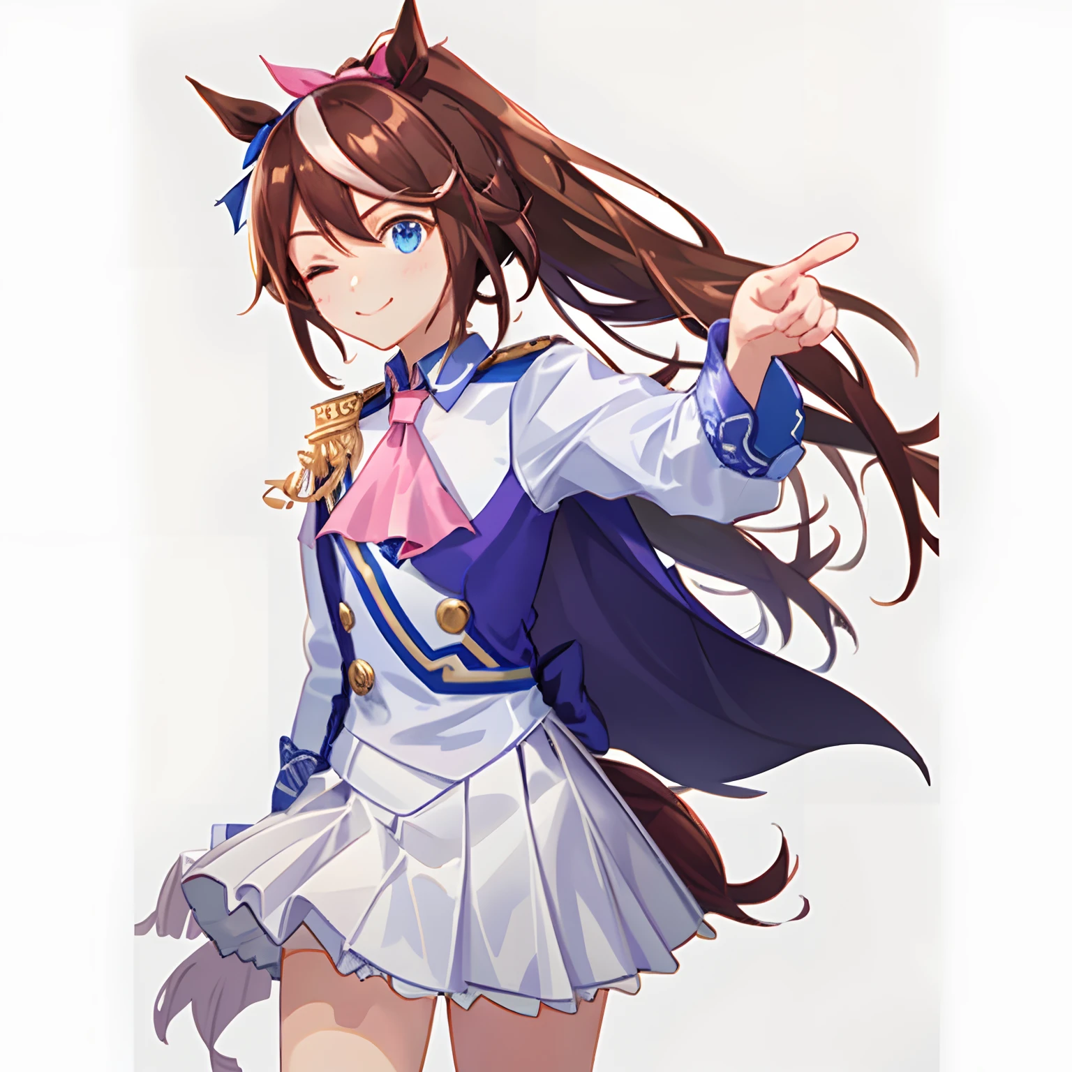 ((Masterpiece, Best quality)),1girll,Tokai Teio,Tokai Teio(Racing clothes),Horse Ears,Horse girl,Brown hair,Long hair,High ponytail,streaked_Hair,Multicolored_Hair,Blue eyes,epaulette,Pink_ascot,Skirt,Long_Sleeves,asymmetrical gloves,White_Jacket,Hair_ribbon,Multicolored_clothes,White_Footwear,knee_Boots ,cheerfulness,One eye closed, pointing at viewer, Outdoors,