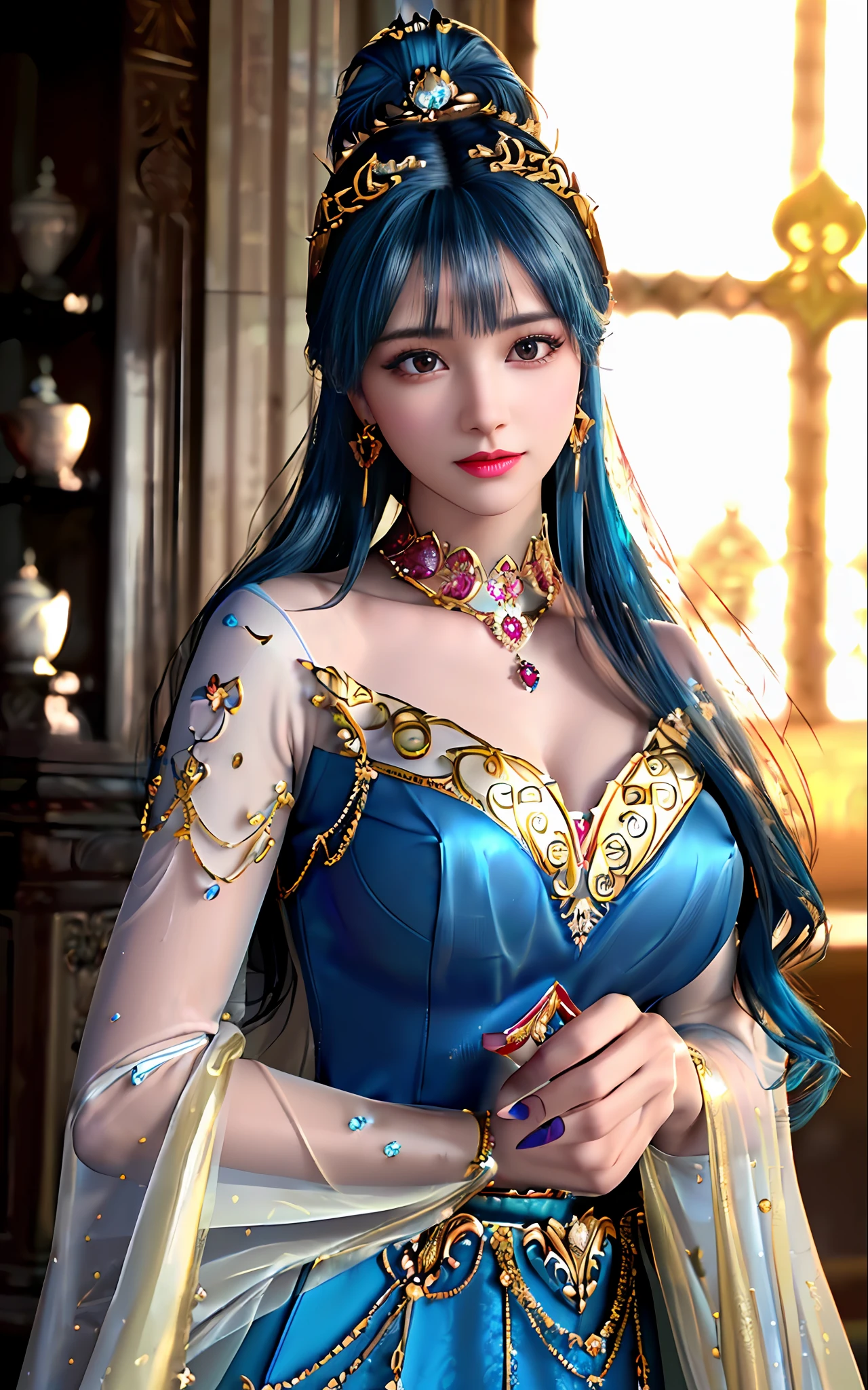 ((realisticity: 1.2)), ((best resolution: 8K UHD)), best quality,masterpiece,highres,cg,
((1 super detailed and super realistic girl)), ((very beautiful queen dazzling, super realistic, and super detailed)),((white skin, beautiful, smooth, youthful, super realistic and super detailed
)), long hair, ((super realistic and super detailed dress)), solo, ((super realistic, super beautiful, gorgeous and super detailed jewelry)), ((super beautiful, super realistic and super detailed dark red and golden yellow dress)),
((super beautiful, super realistic, super detailed diamond filled earrings)),
  ((super beautiful, super realistic and super detailed diamond filled hair ornament)), ((super beautiful upper body, super beautiful, super realistic and super detailed)), ((big breasts: 2.5)), 
((super grand, super realistic and super detailed royal palace backgroun))
((super beautiful, super beautiful, super realistic and super detailed hair bun)), ((super beautiful, super realistic and super detailed blue hair)),
candid, Photograph, high resolution, 8k,Bokeh,