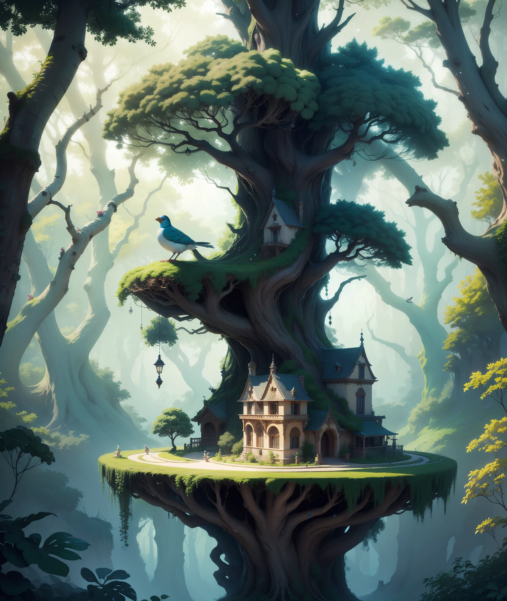 Floresta encantada, magical birds, jardins secretos, castles suspended from trees, hiper realista, super realista, 8K.