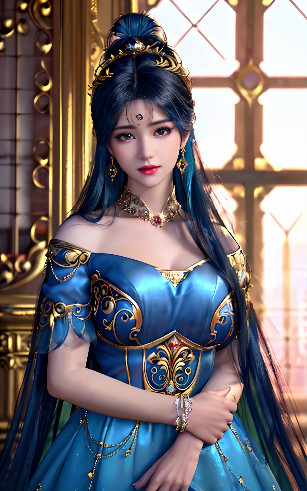 ((realisticity: 1.2)), ((best resolution: 8K UHD)), best quality,masterpiece,highres,cg,
((1 super detailed and super realistic girl)), ((very beautiful queen dazzling, super realistic, and super detailed)),((white skin, beautiful, smooth, youthful, super realistic and super detailed
)), long hair, ((super realistic and super detailed dress)), solo, ((super realistic, super beautiful, gorgeous and super detailed jewelry)), ((super beautiful, super realistic and super detailed dark red and golden yellow dress)),
((super beautiful, super realistic, super detailed diamond filled earrings)),
((super beautiful, super realistic and super detailed diamond filled hair ornament)), ((super beautiful upper body, super beautiful, super realistic and super detailed)), ((big breasts: 2.5)),
((super grand, super realistic and super detailed royal palace backgroun))
((super beautiful, super beautiful, super realistic and super detailed hair bun)), ((super beautiful, super realistic and super detailed blue hair)),
candid, Photograph, high resolution, 8k,Bokeh,