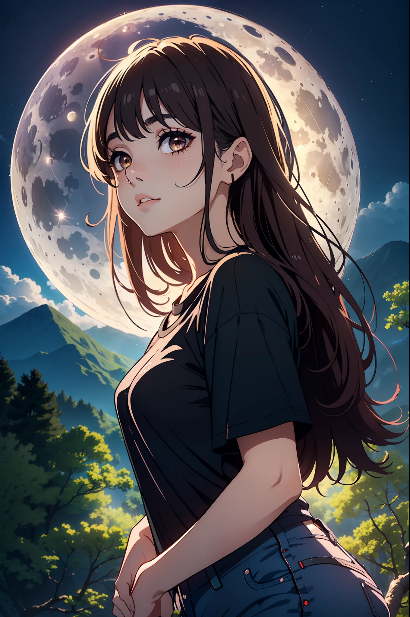 One girl, happy, moon, 24-years, lantern, night, ground, Wide black t-shirt with black chain, jeans, Slightly chubby, nose is small, not too pointed, long hair, slightly wavy, boobs big, brown hair without bangs, water, outdoors, sky, full moon, rain, mountain, cloud, paper lantern, standing, night sky, tree, sideways, reflection, cloudy sky (masterpiece), (extremely detailed 8k CG wallpaper), top quality, ground, 1girl, cinematic lighting, intricate background, beautiful detailed eyes, shining pupils, (exquisitely delicate and lovely), (description of beautiful and detailed brown eyes), ultra-detailed, masterpiece).