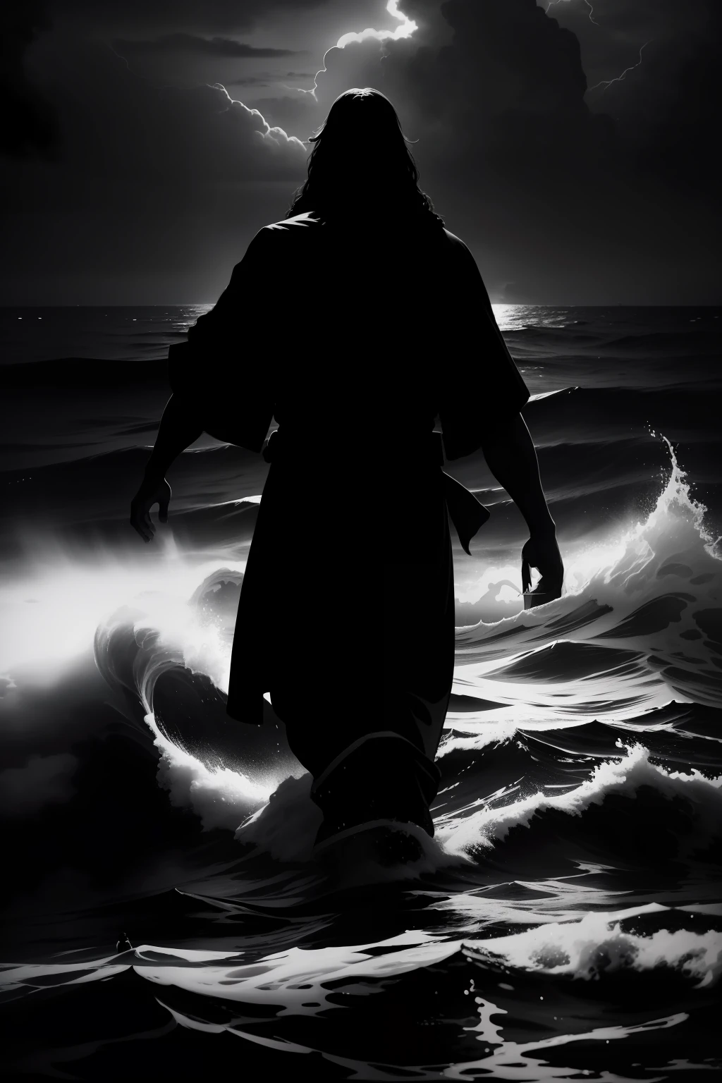 the shadow silhouette of Jesus, walking on the waters at sea, strong waves, rainy night, dark clouds, no moon, strong winds, black and white baroque style