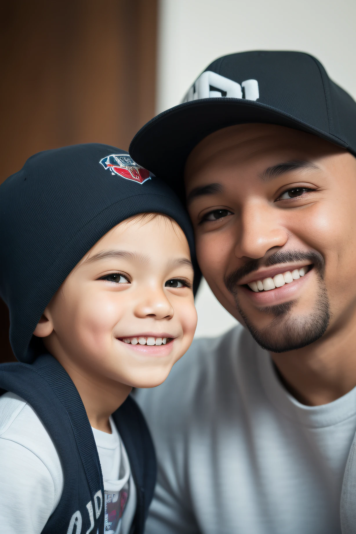 dad with your son wearing hip hop clothes, happy face, close up, photorealistic, RAW, high quality, best contrast, best shadows, best lights, cinematrographic lights, high detail, high definition