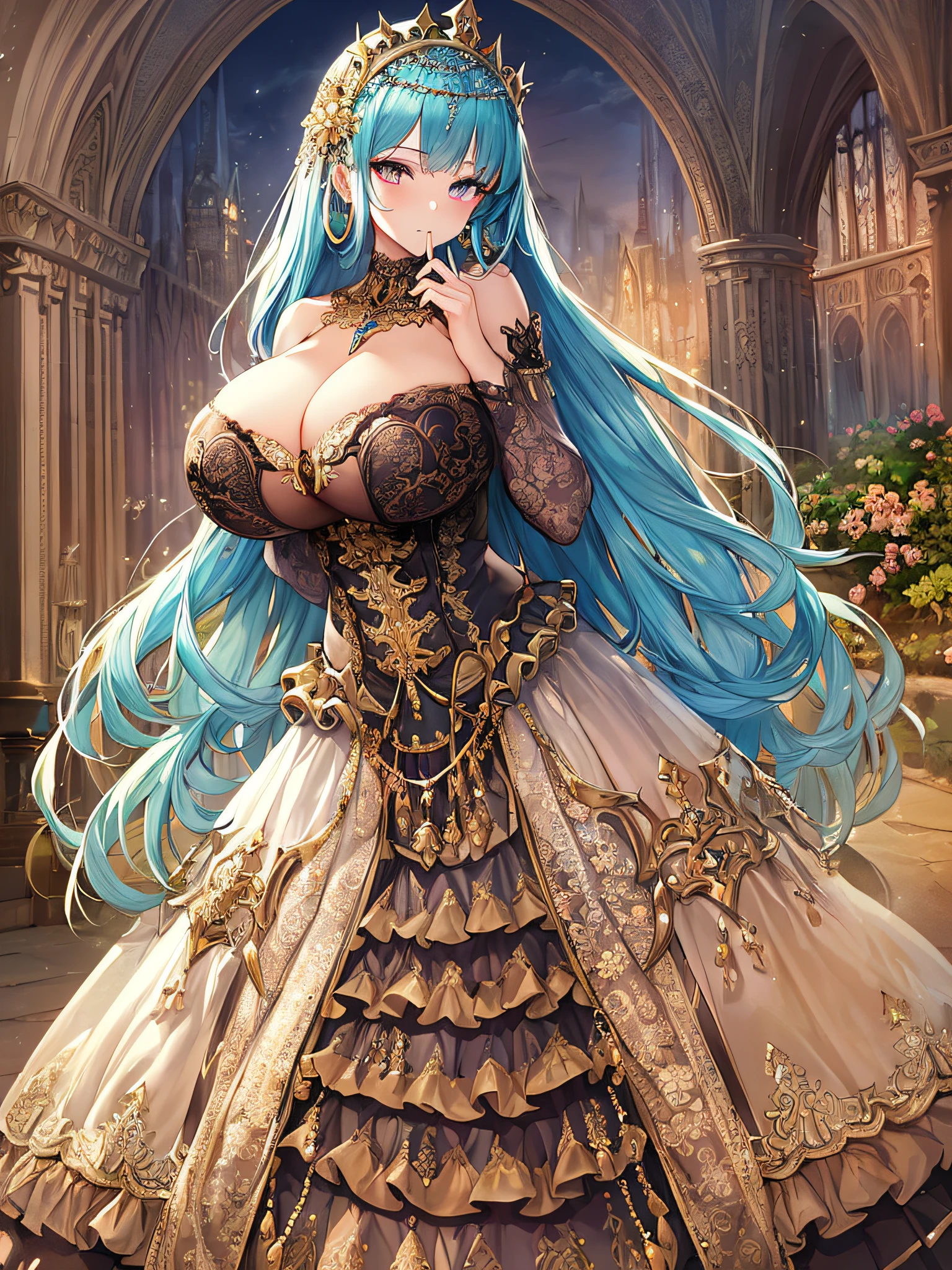 ((anime artstyle)),(Masterpiece),(Best Quality), (Super Detail),((Very Delicate and Beautiful)),(((Solo))),((full body)),(((1 girl in beautiful embroidery and jeweled gorgeous gothic dress with voluminous full length hoop skirt))),Long train,crinoline,(gorgeous gemstone jewelry),detailed face and eyes,jewel-like eyes,((extremely voluminous Very Long Hair,Straight Hair)),((gigantic tits,Long tits)),(gorgeousfull embroidery and lace),gorgeous corsage,See-through,extremely gorgeousfull hair ornament,bling-bling extremely gorgeousfull jeweled tiara,ornate ruffles,((Dynamic Angle)),Looking at viewer,outdoor,((beautiful detailed garden)),beautiful blooming flowers,((full body)),((beautiful embroidery and jeweled extremely gorgeous gothic dress with voluminous full length hoop skirt))