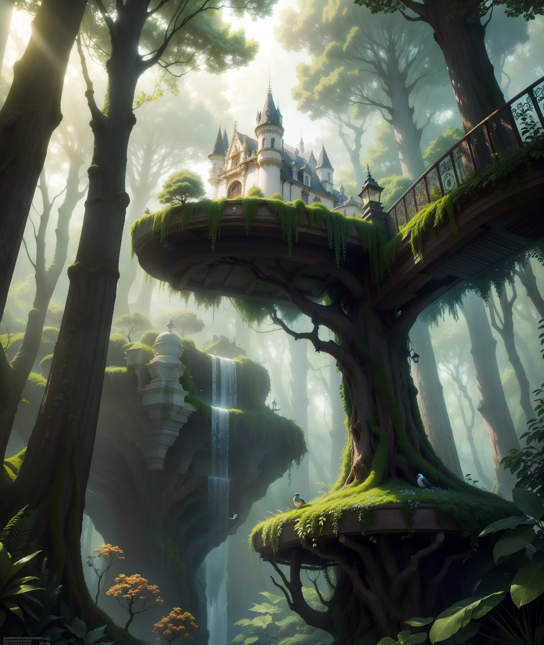 Floresta encantada, magical birds, jardins secretos, castles suspended from trees, hiper realista, super realista, 8K.