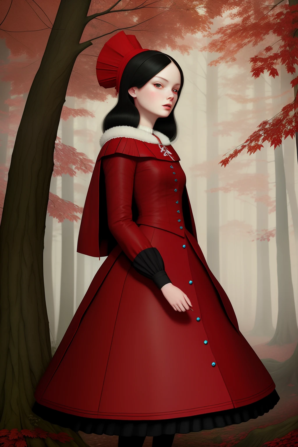 Ray Caesar Style, a woman, red riding outfit, forest, portrait