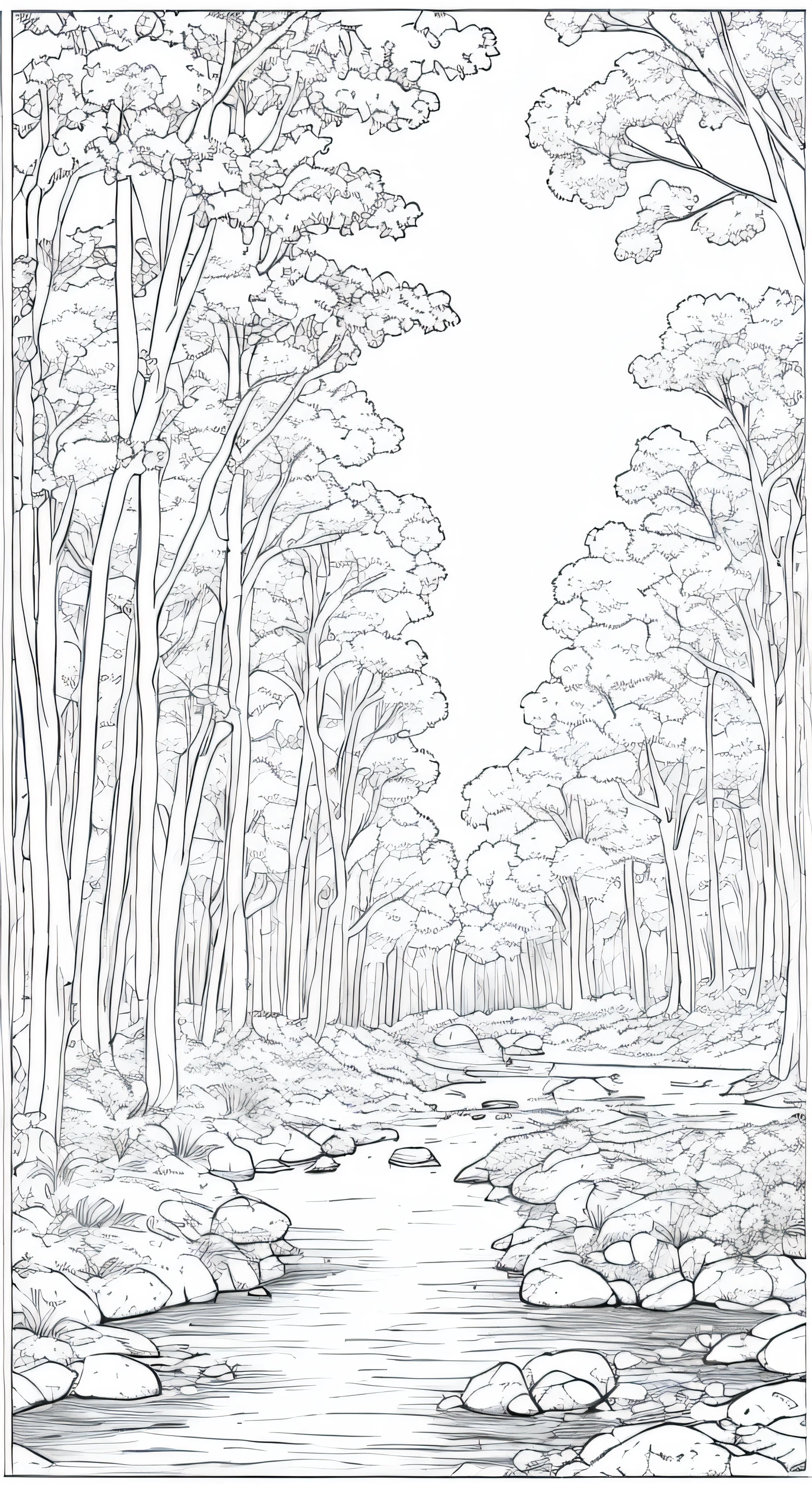 a drawing of a river in a forest with stones and trees, desenho florestal elegante, coloring book page, floresta detalhada, Paisagem da floresta da fantasia no dia, Desenho detalhado de linhas a tinta limpa, full-page illustration, Linework altamente detalhado, full-page illustration, linha estilizada, linha densa, Floresta. white trees, paisagem de limpeza florestal, line art colouring page