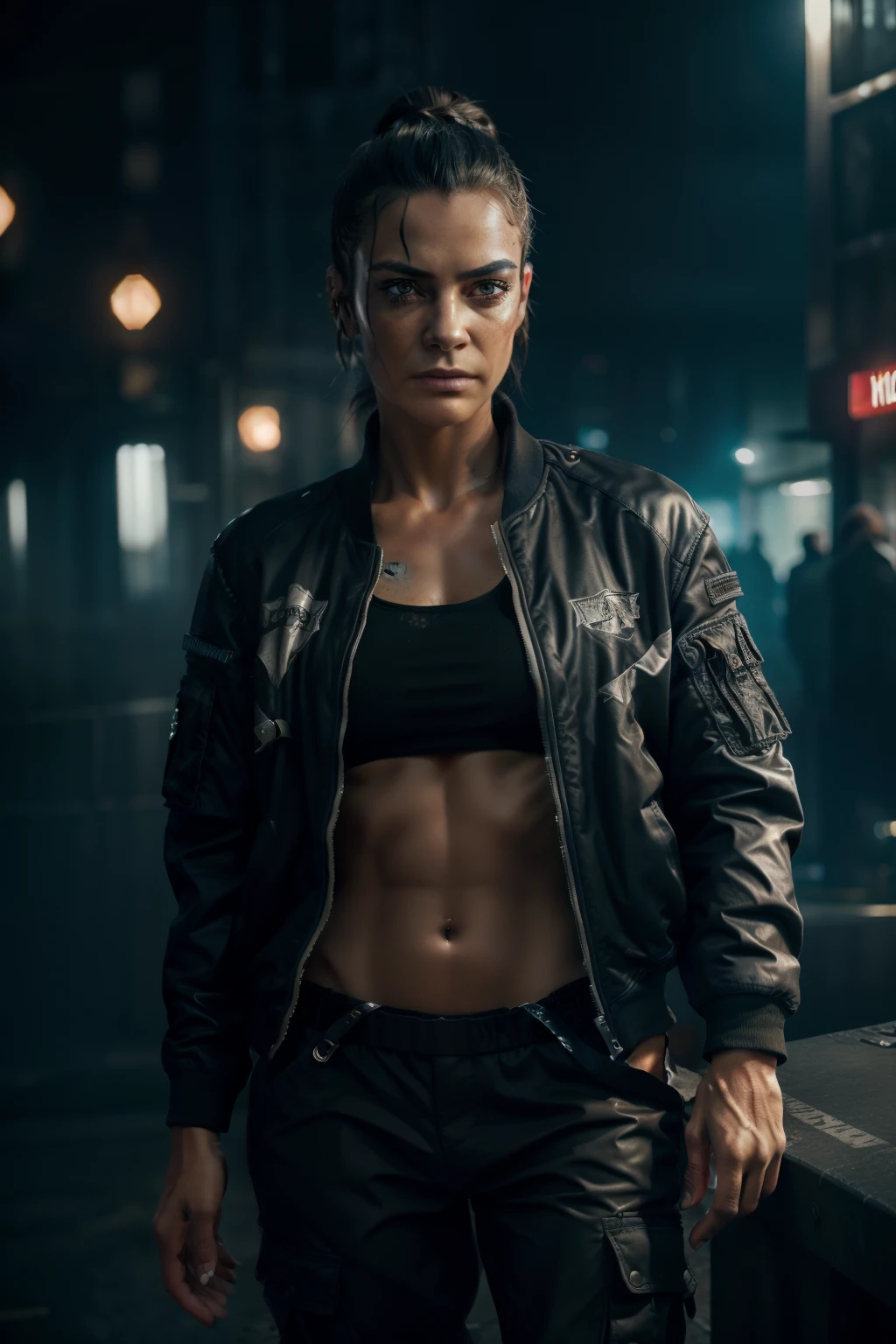 Highest quality:1.3), cinematic shot, masterpiece, (sharp focus:1.5), (photorealistic:1.3), medium portrait of (a weary-looking but still proud and fierce-looking old cyberpunk Gangsta, dressed in elaborately detailed edge runner bomber jacket and cargo pants, a few bullet holes on the walls, giving the scene a dark atmosphere but sculpting the forms in sharp chiaroscuro), it is night time, (highly detailed skin), (detailed face), detailed futuristic city background, dark lighting, twilight lighting, volumetric lighting, intricate details, UHD,