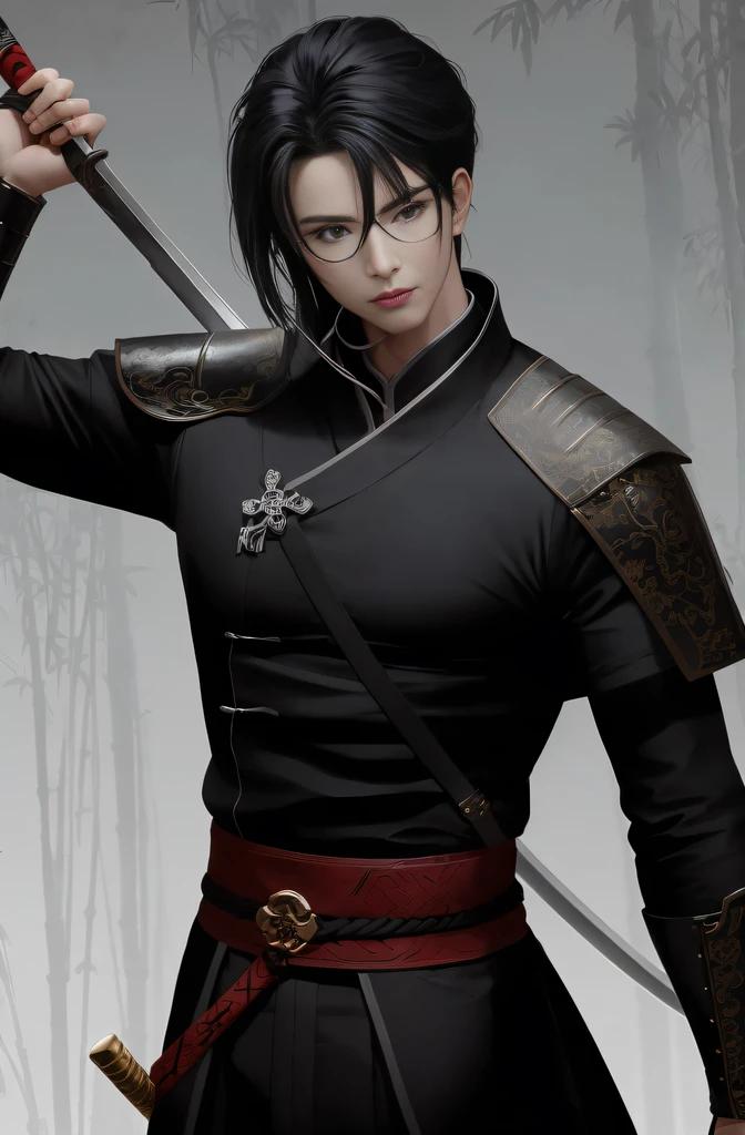 Anime character standing in front of bamboo tree with sword and black costume, Beautiful androgynous prince, handsome guy in demon killer art, full-body wuxia, inspired in kris from deltarrune, Delicate androgynous prince, inspired by Ren Xiong, skinny male fantasy alchemist, full-body xianxia, by Yang J