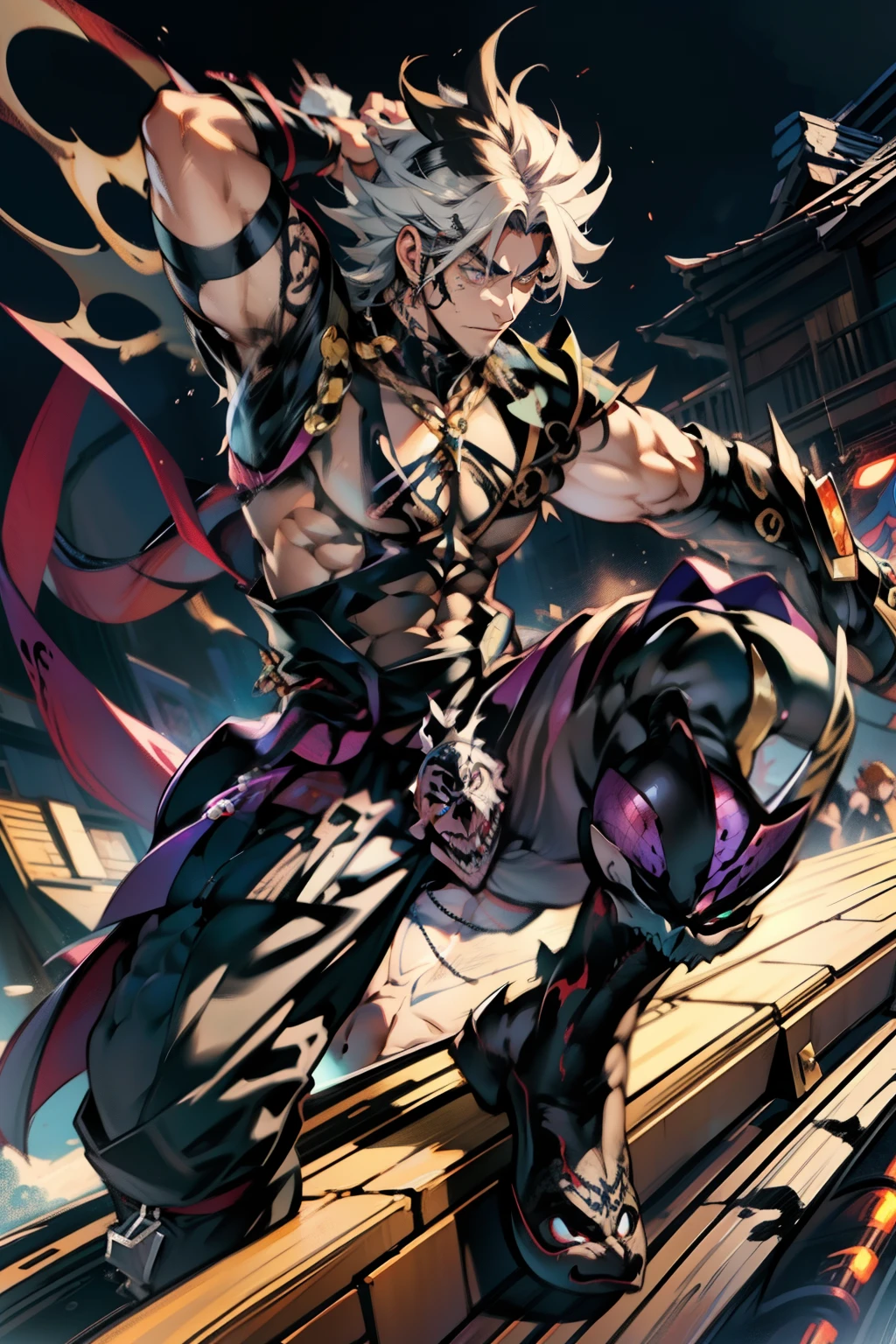 《the original god》Arataki Kazuto , male people,,((Masterpiece)), ((Best quality)), Ultra detailed,((illustration)), Dynamic Angle, Detailed light, (Delicate eyes), Floating, 1boy, Male focus, Head, Clothing, Yellow eyes, necklace, tattoo, (Forehead:0.8), (ahoge:0.8), jewelry, apathy,Ray, chest muscle, Sexy , Venom symbiote for your body, Black mucus of the body , (into venom), Venom,frontage,style of anime4 K, 4K anime wallpaper, Badass anime 8 K, 4 k comic wallpaper, young anime man, Anime boys, Anime wallpapers 4 k, Anime wallpaper 4K, High quality anime art style, Anime moe art style, Anime art wallpaper 8 K, Anime art wallpaper 4 K, RGB lighting