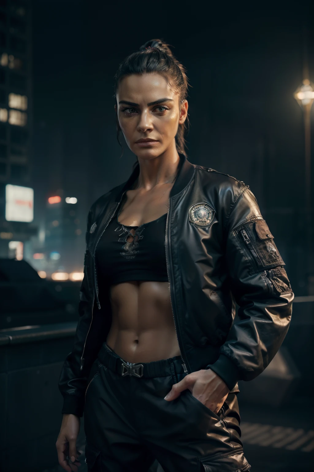 Highest quality:1.3), cinematic shot, masterpiece, (sharp focus:1.5), (photorealistic:1.3), medium portrait of (a weary-looking but still proud and fierce-looking old cyberpunk Gangsta, dressed in elaborately detailed edge runner bomber jacket and cargo pants, a few bullet holes on the walls, giving the scene a dark atmosphere but sculpting the forms in sharp chiaroscuro), it is night time, (highly detailed skin), (detailed face), detailed futuristic city background, dark lighting, twilight lighting, volumetric lighting, intricate details, UHD,