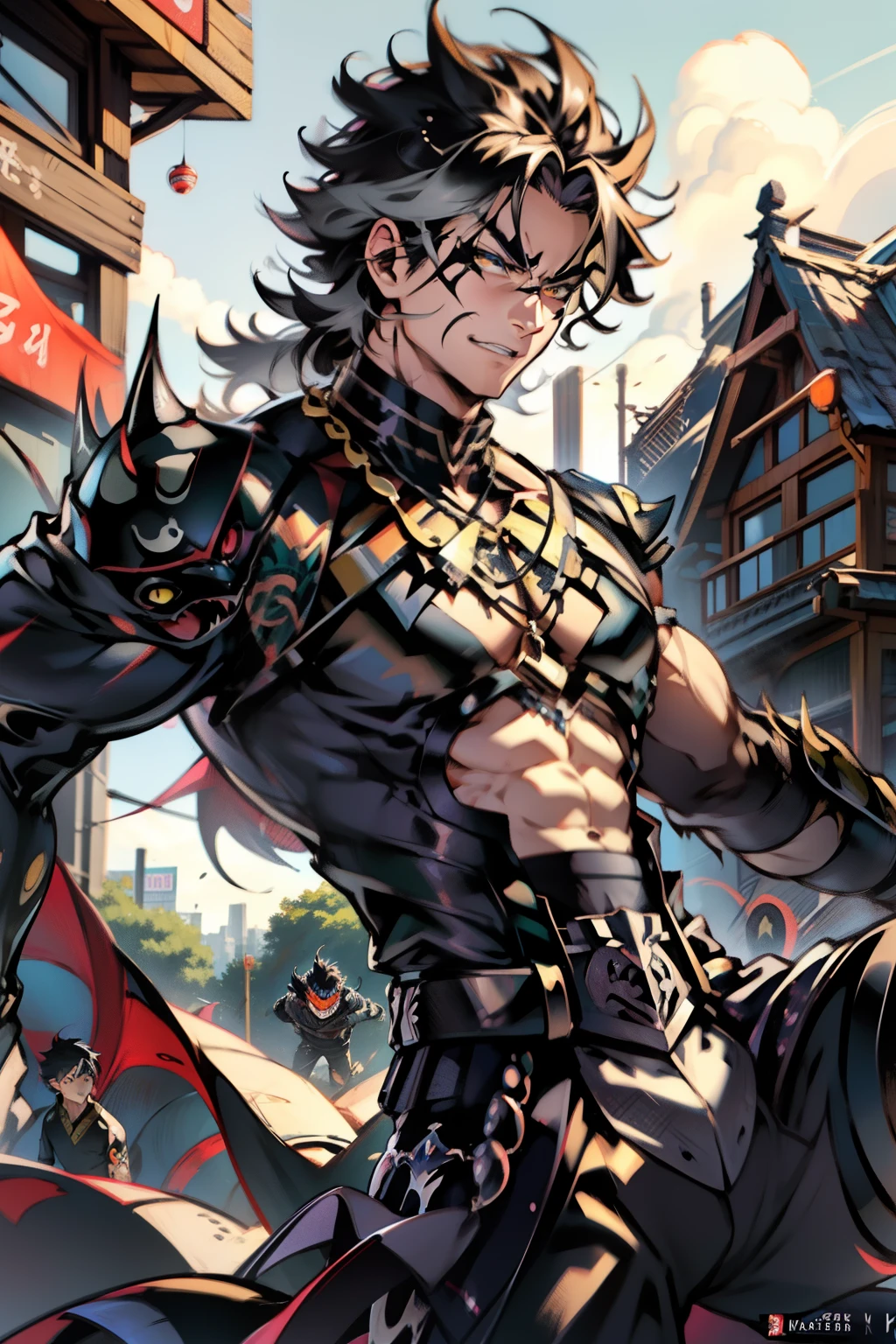 《the original god》Arataki Kazuto , male people,,((Masterpiece)), ((Best quality)), Ultra detailed,((illustration)), Dynamic Angle, Detailed light, (Delicate eyes), Floating, 1boy, Male focus, Head, Clothing, Yellow eyes, necklace, tattoo, (Forehead:0.8), (ahoge:0.8), jewelry, apathy,Ray, chest muscle, Sexy , Venom symbiote for your body, Black mucus of the body , (into venom), Venom,frontage,style of anime4 K, 4K anime wallpaper, Badass anime 8 K, 4 k comic wallpaper, young anime man, Anime boys, Anime wallpapers 4 k, Anime wallpaper 4K, High quality anime art style, Anime moe art style, Anime art wallpaper 8 K, Anime art wallpaper 4 K, RGB lighting
