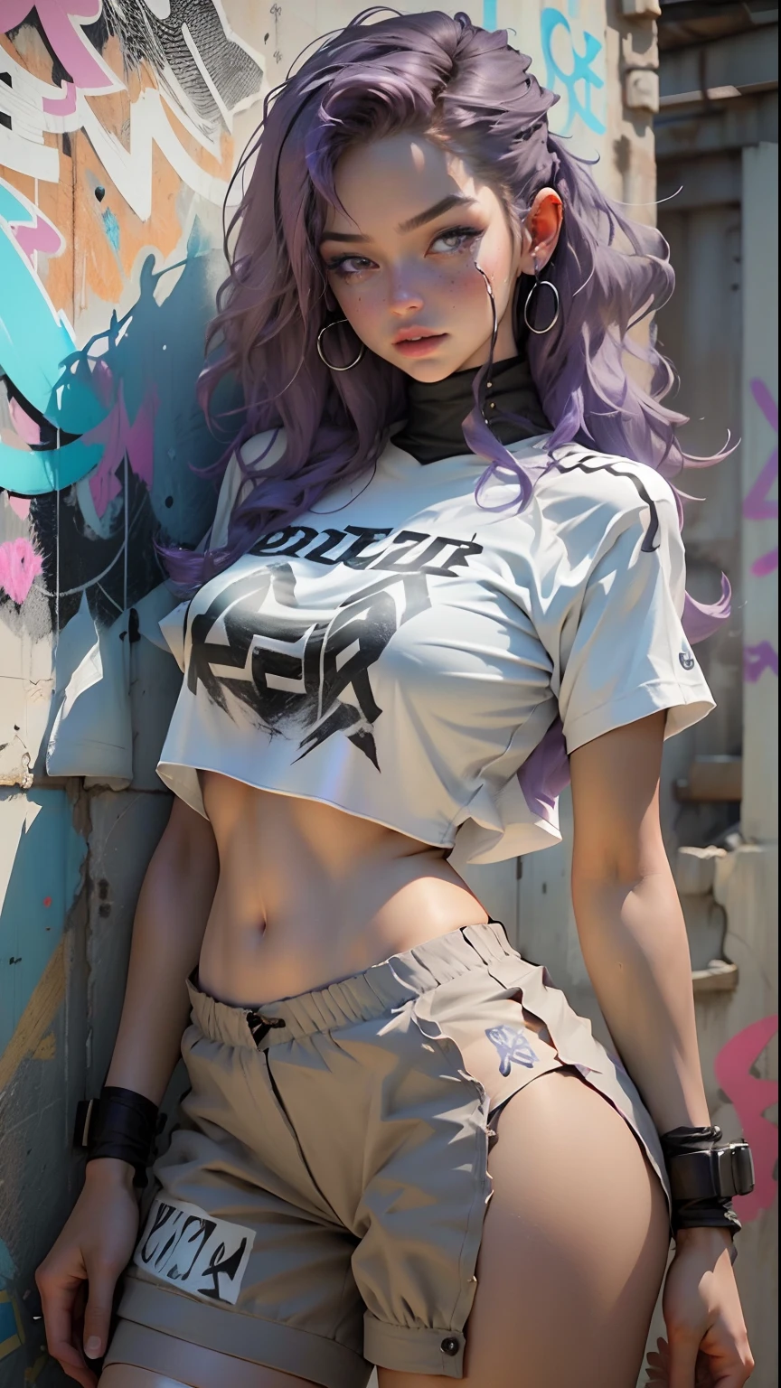Woman body defined thick thighs cybernetic body parts, with violet hair, short underwear, transparent shirt showing breast beak, realistic, white t-shirt, and grey sweatpants, graffiti wall as background