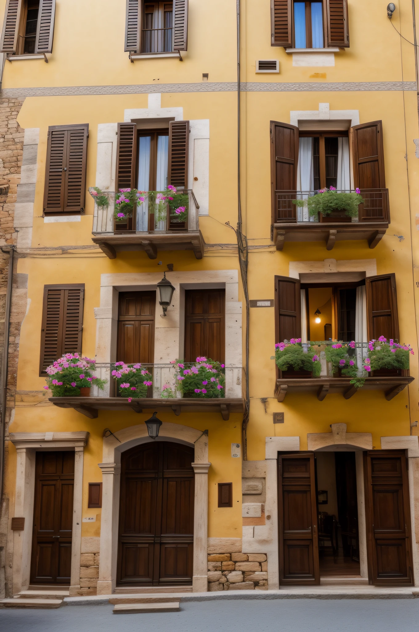 "Uma cena pitoresca da Toscana, with antique solid wood doors and balconies adorned with flowered shutters."