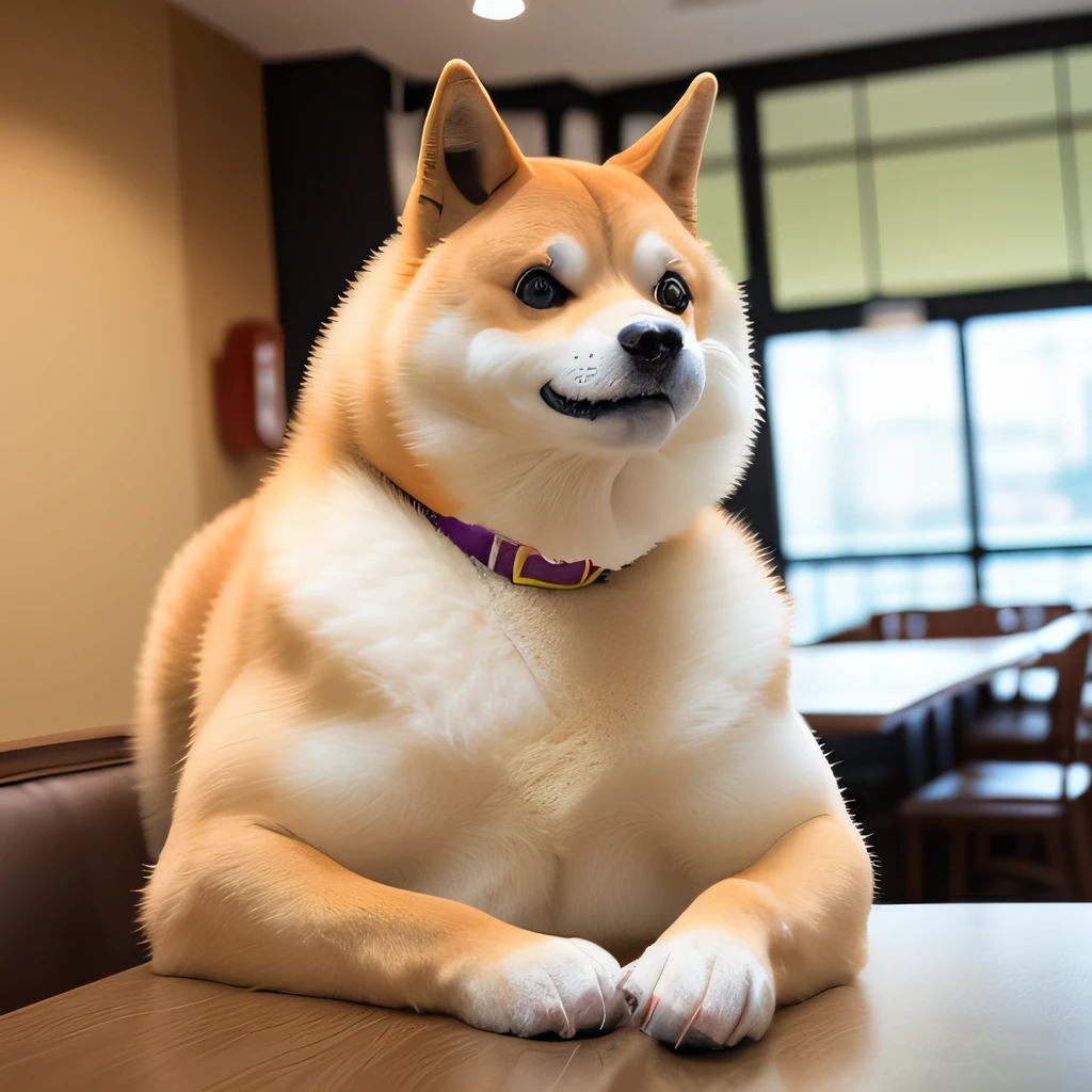 a professional photo of [(((buff Swoledoge))):buff Swoledoge:8], grinning, dog body, eating a large burger in a restaurant, cinematic dramatic light, smooth transition, bokeh