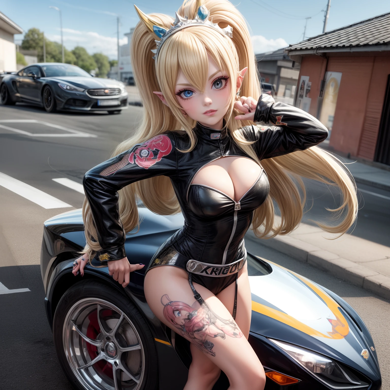 Racing Princess Bowsetta Blonde, Dressed in a racing princess outfit, wearing black, Surrounded by racing cars, Koppa tattoo, posing by the car, Posing for the camera