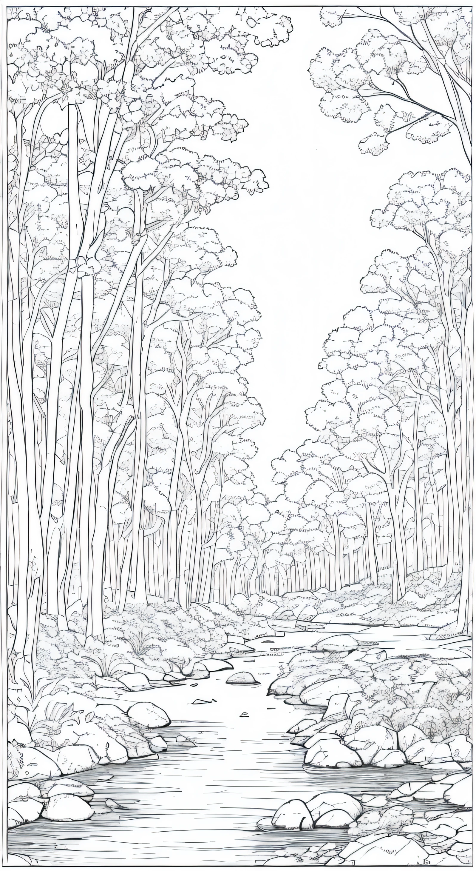 a drawing of a river in a forest with stones and trees, desenho florestal elegante, coloring book page, floresta detalhada, Paisagem da floresta da fantasia no dia, Desenho detalhado de linhas a tinta limpa, full-page illustration, Linework altamente detalhado, full-page illustration, linha estilizada, linha densa, Floresta. white trees, paisagem de limpeza florestal, line art colouring page